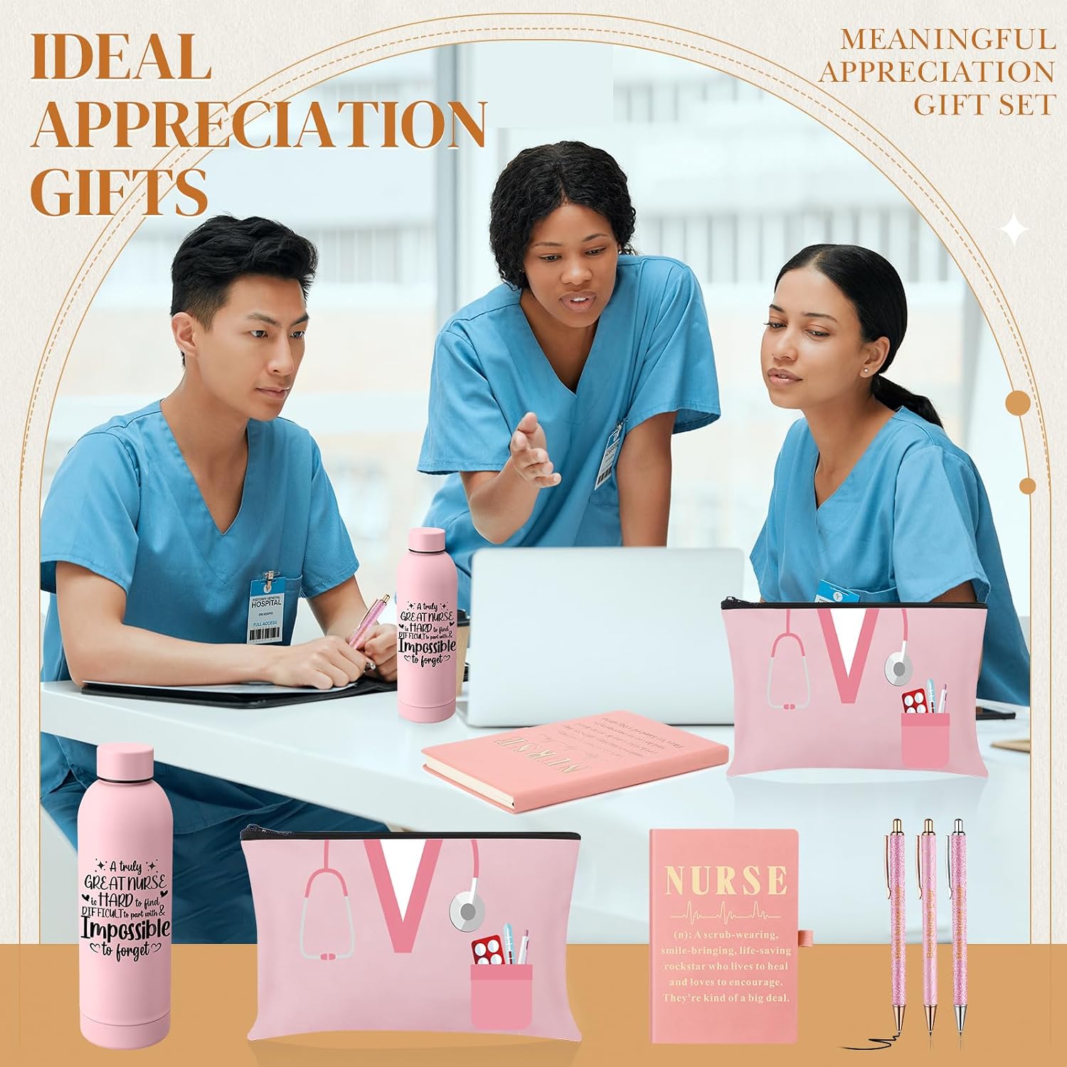 6 Pcs Nurse Gifts Set for Women Men, Rn Appreciation Thank You Gift for Nurses Week Graduation Birthday, 16oz Vacuum Insulated Water Bottle, Makeup Bag, Notebook, Ballpoint Pens(Pink)