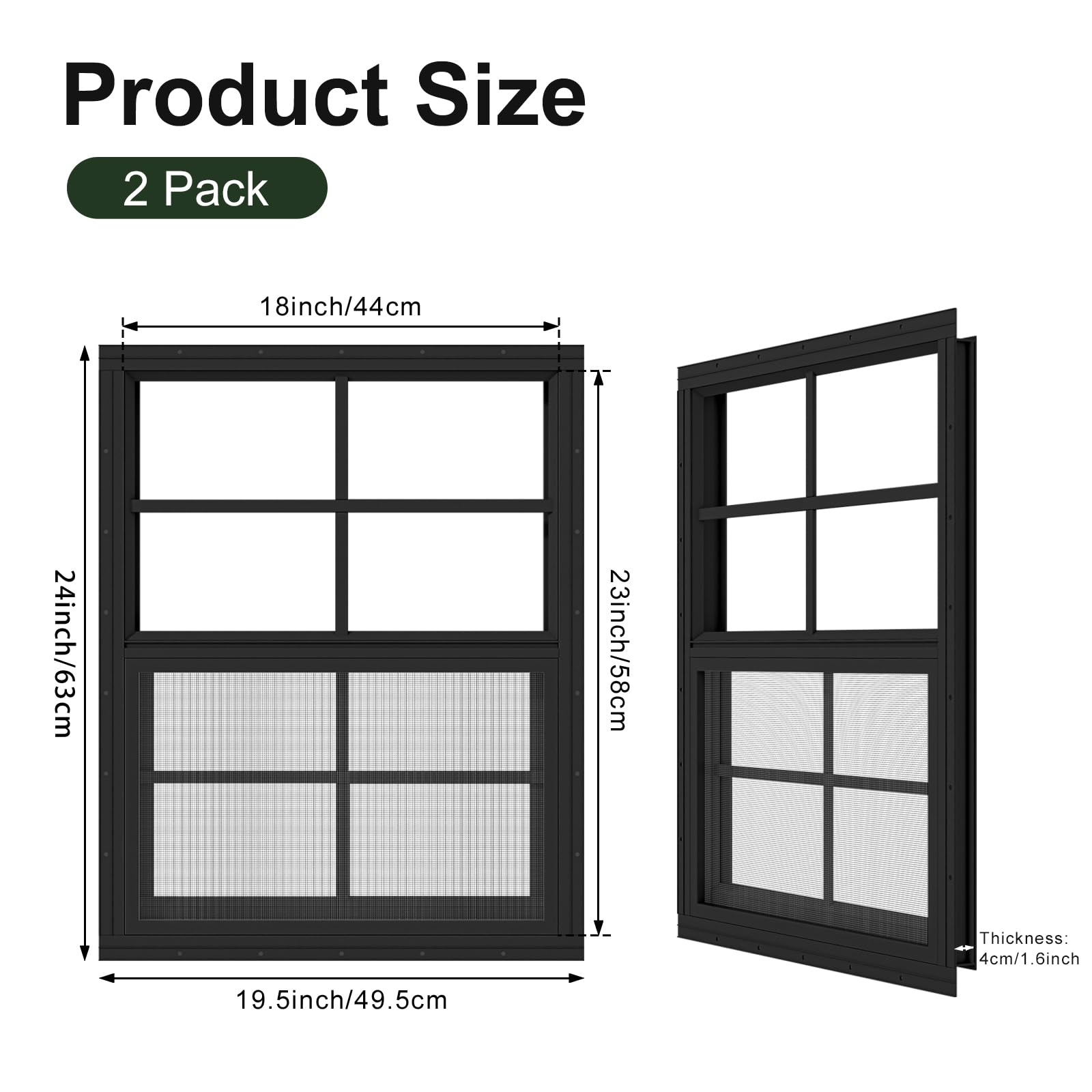 Okna szopowe 45.7 cm x 58.4 cm podtynkowe okno z hartowanego szkła i ekranu z włókna szklanego do kurników, szop, stodoły, domku zabaw (czarne)