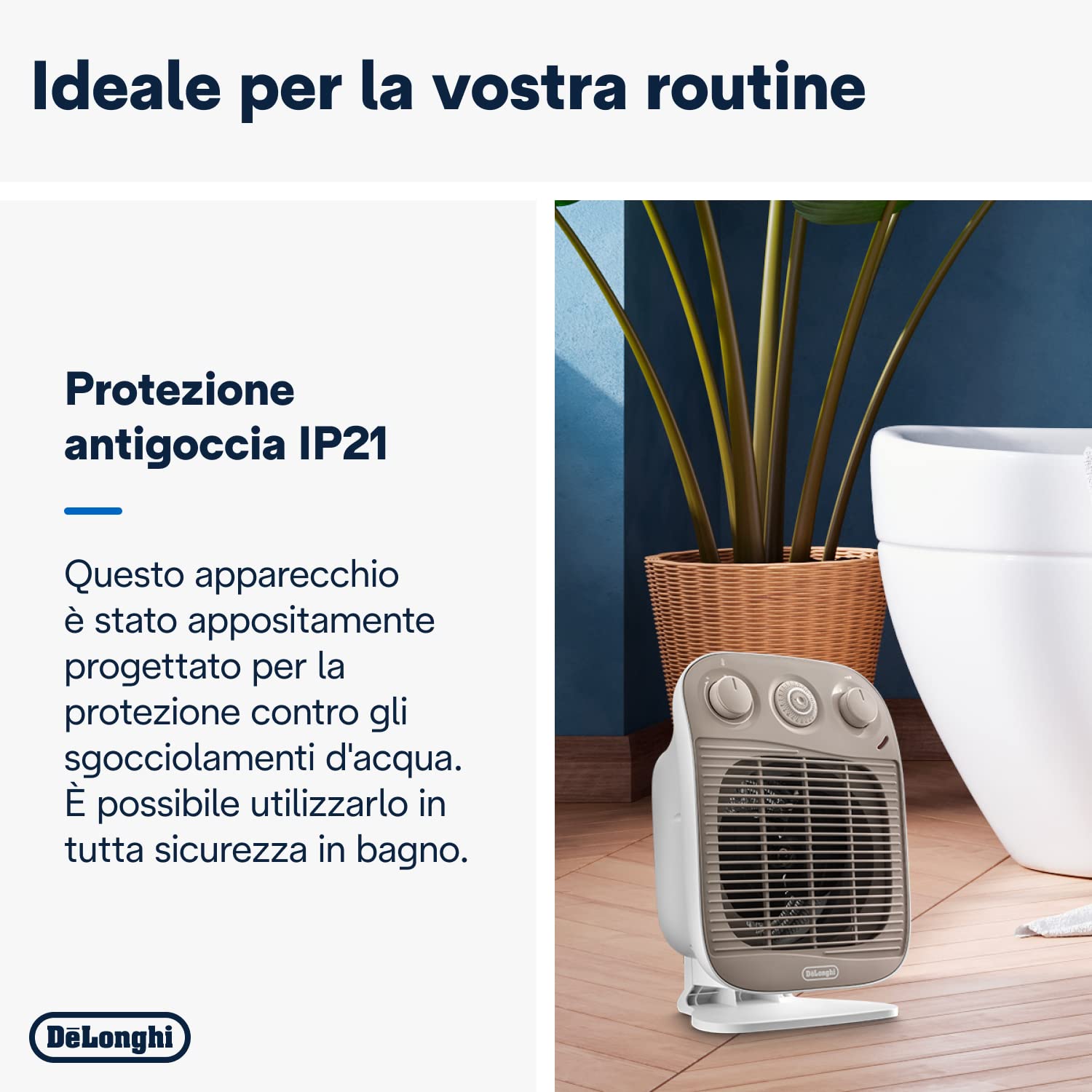 De'Longhi HFS50D22 Termoventilatore, TIMER 24H, 3 livelli di potenza, ventilazione estiva, protezione antigoccia, maniglia, dispositivo di sicurezza, luce, protezione antigelo, leggero, Bianco/Beige