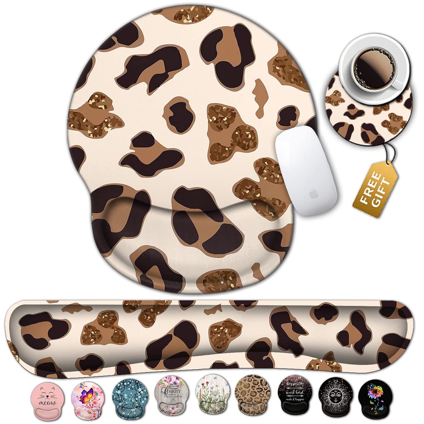 Ergonomic Mouse Pad Wrist Support Set,Soft Gel Round Funy Desk Mat,Memory Foam Keyboard Wrist Rest for Home Office Desk Pad with Non Slip PU Base, Golden Leopard Print Pattern White Gaming Mouse Pad