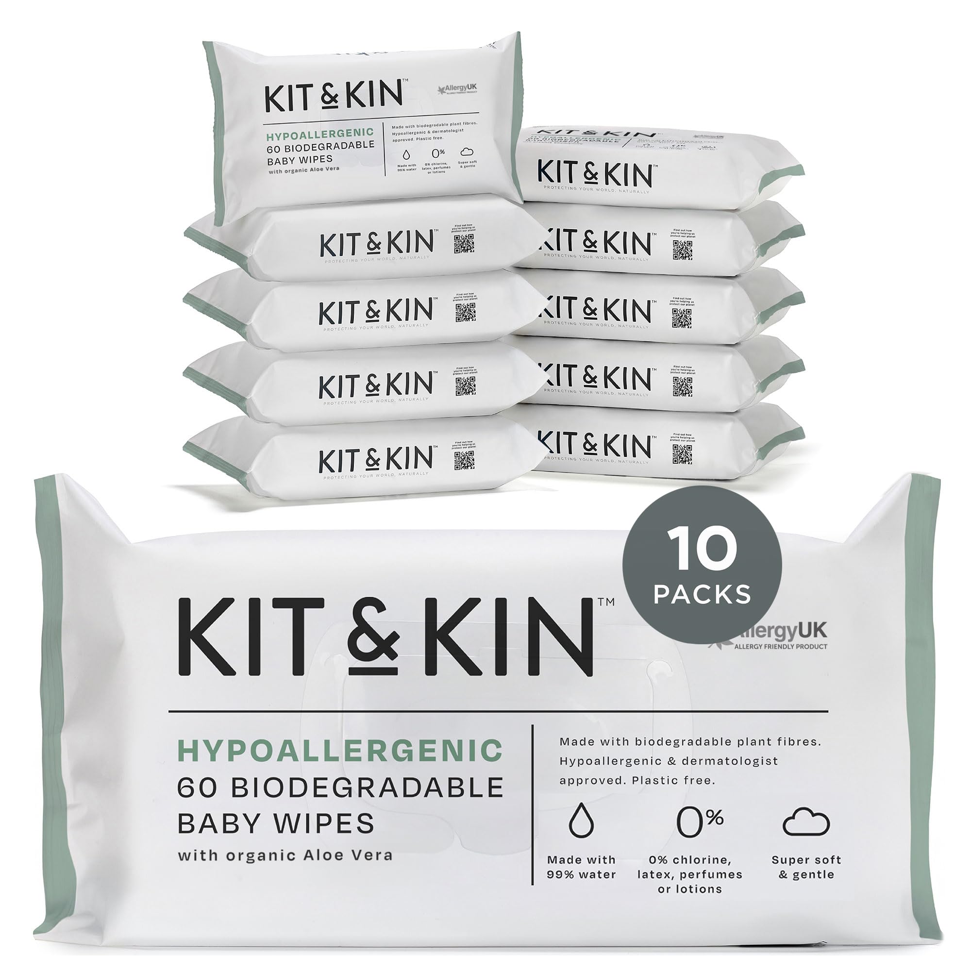 Kit & Kin Premium Eco Baby Wipes, 600 Wet Wipes (10 packs) | Biodegradable Plastic-Free & Super Soft | 99% Water | Hypoallergenic & Dermatologist Approved | No Perfumes | New & Improved Formula