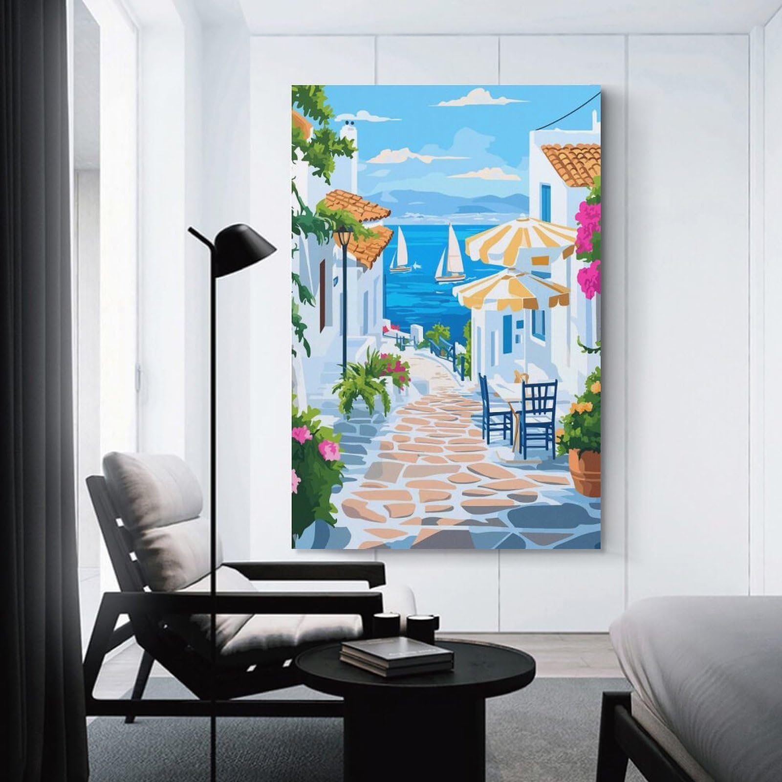Junmoney Greek Island Street Scene Hanging Wall Art, 12x18inch(30x45cm), for New Homes, Bedrooms Or Workspaces, Thoughtful Wall Decor for Art Lovers