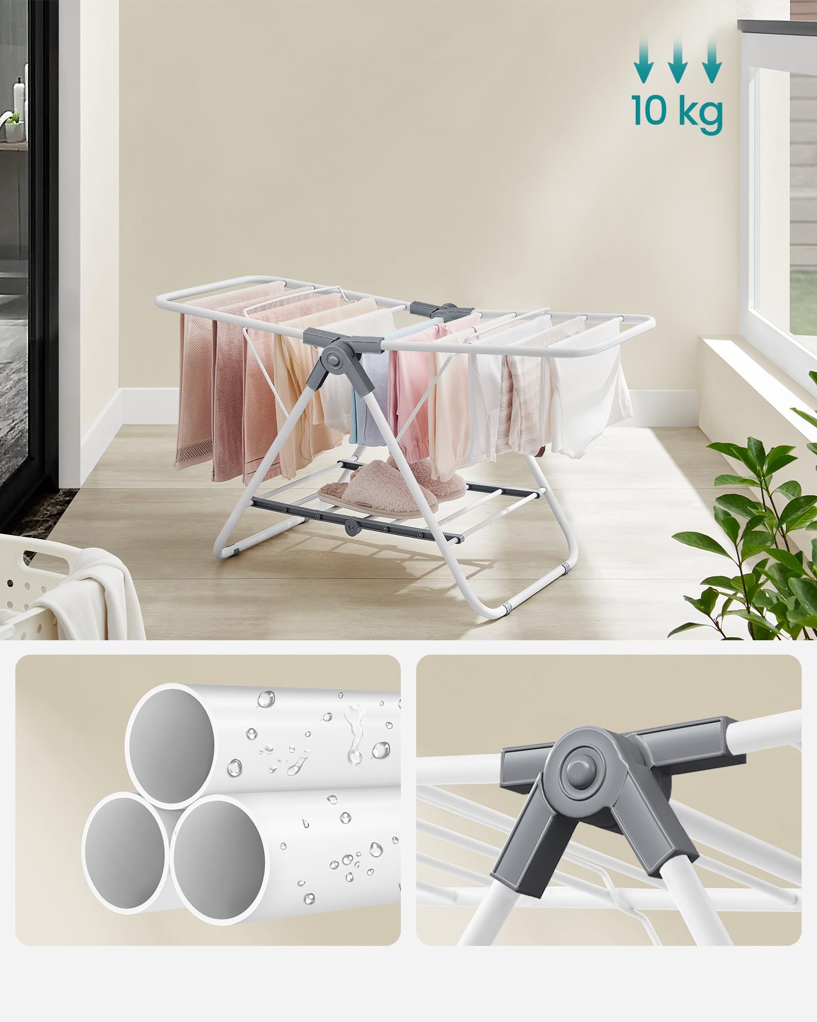 SONGMICS Suszarka na pranie, składana, stojąca suszarka z 2 skrzydłami, zajmuje mało miejsca, metalowa, na małe ubrania, ręczniki, łazienka, balkon, 44 x 101 x 54 cm, biała chmurka LLR504W01