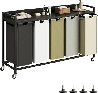 Herture 300L Laundry Hamper with Shelf, Laundry Basket 5 Section, Laundry Sorter with 5 Large Pull-Out Removable Bags and Rolling Wheels, Metal Frame, 5 x 15.87 Gallons (60L), Black PF08XLK