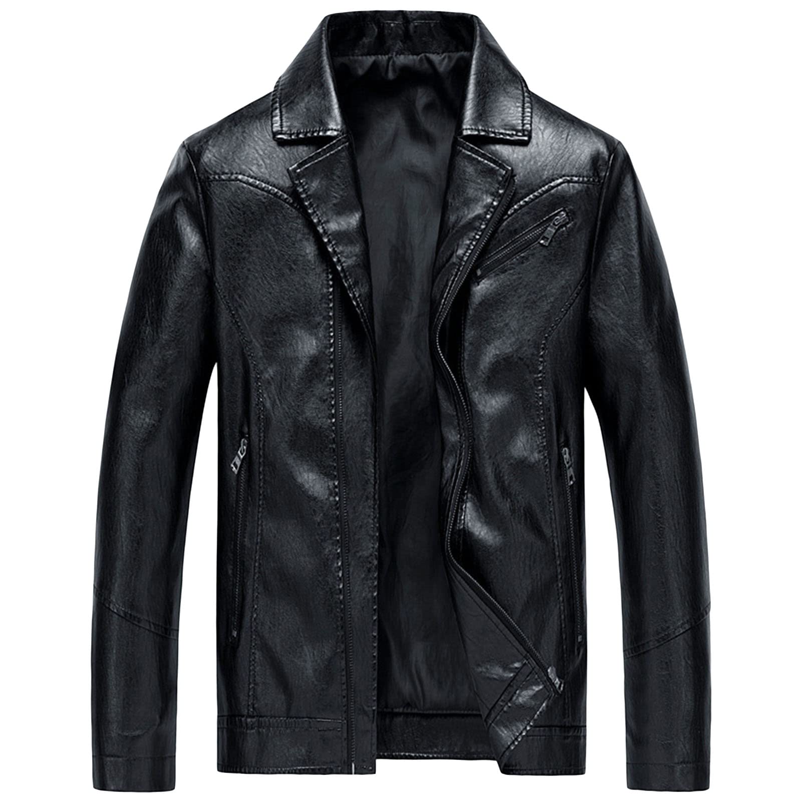 Maiyifu-GJ Men's PU Faux Leather Jacket Notch Lapel Slim Fit Zip Up Biker Jacket Vintage Moto Lightweight Outwear Coat (Black,5X-Large)