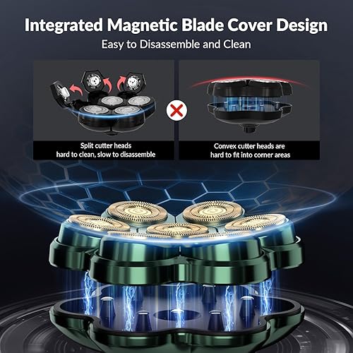 Vista 4 de Afeitadoras de cabeza para hombres calvos, maquinilla de afeitar eléctrica de arco 7D con cabeza magnética desmontable, impermeable, en seco y Verde