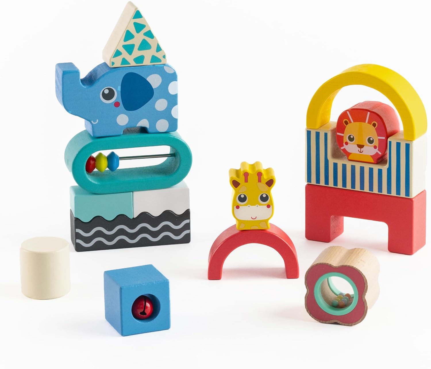 Jasey's Toy Chest Wooden Shape & Animal Blocks - 15-Piece Chunky Wooden Set with Rattle, Bell & Colorful Beads for Toddlers Ages 12+ Months