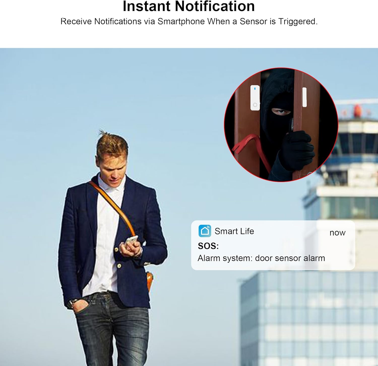 Man receiving an instant 'Smart Life' app notification on his smartphone when a door sensor is triggered by an intruder