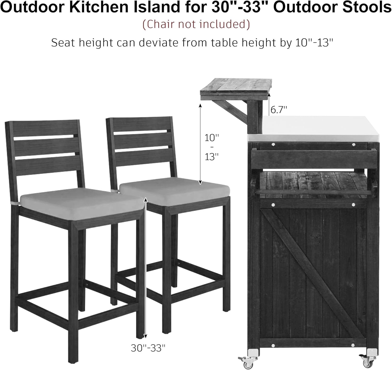 53.3" Outdoor Grill Cart with Storage Cabinet, Patio Kitchen Island Outdoor Bar Cart with with Raised Shelf and Stainless Steel Top for Outside BBQ Backyard (Black)