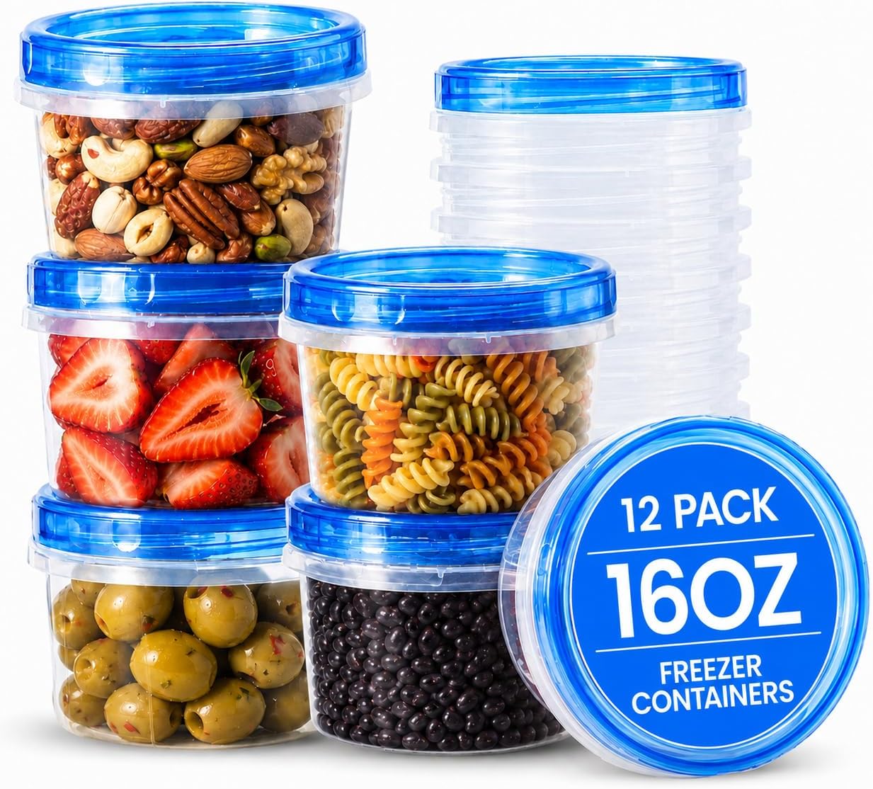 RFAQK Freezer Storage Containers with Lids-12 Plastic 16 oz Deli Containers with 12 Screw Lids-Freezer Containers for Soup