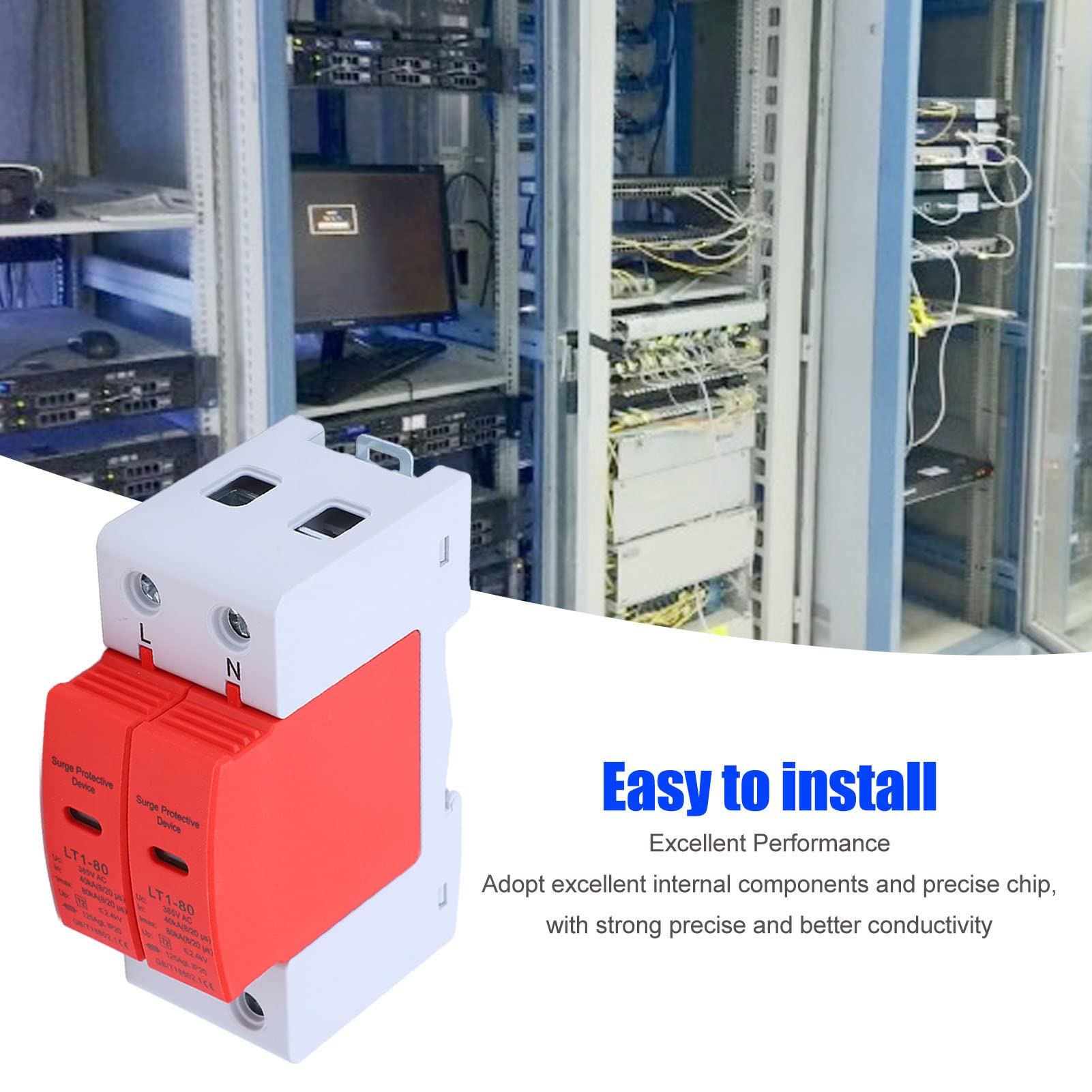 Buachois Dispositivo Scaricatore 2P,AC 385V Binario Guida 40‑80Ka Protezione Scaricatore di Tensione Modulo di Protezione Elettronico Per Fotovoltaico Solare, Alimentatore