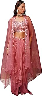 Women's Crepe Silk Beaded Crop Top with Draped Style Skirt Set 9379