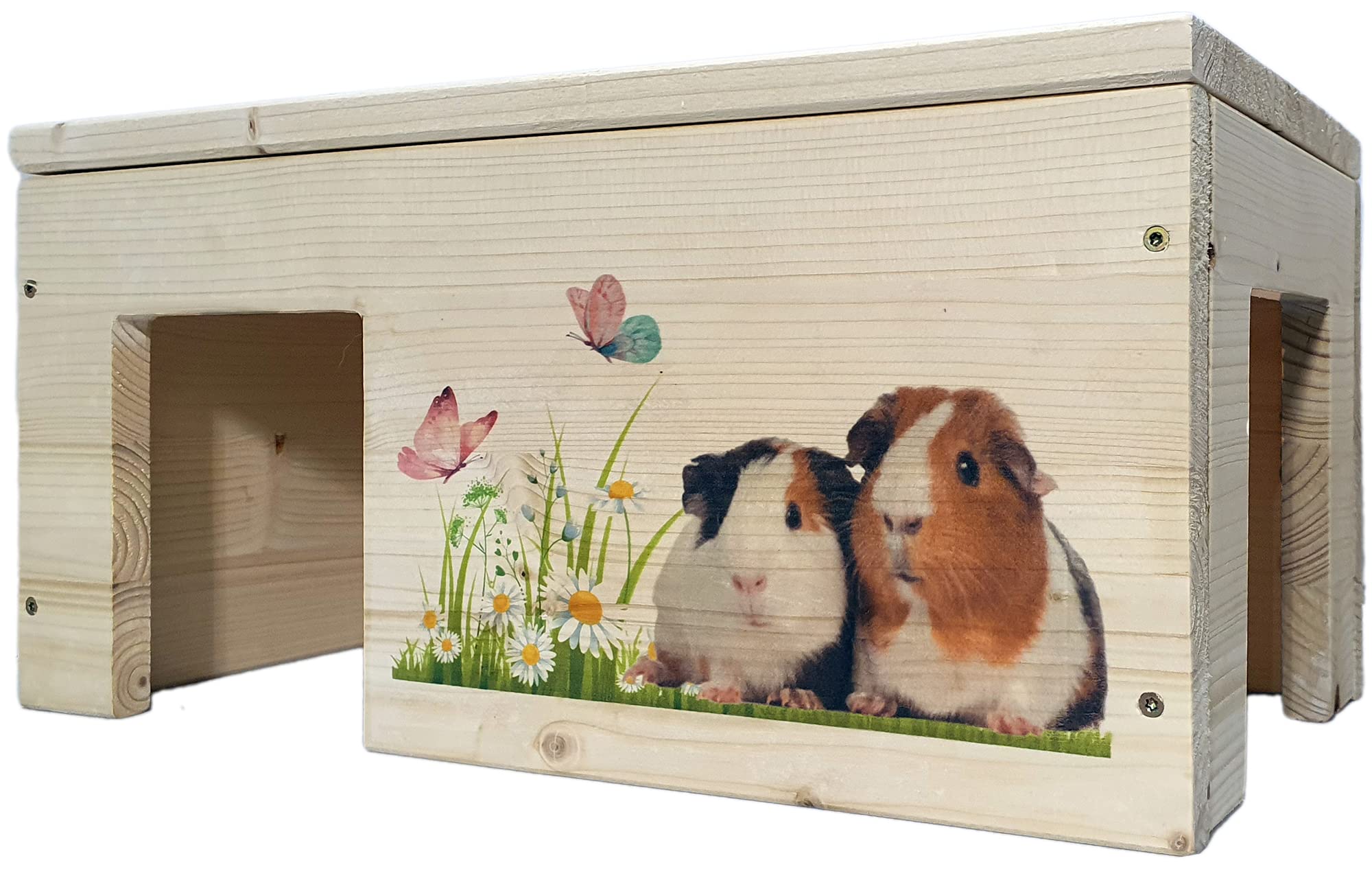 Meerschweinchenhaus aus Holz mit 2 Eingängen, Outdoor, Groß, Holzlasur & Aufklappbar / 45x25x22cm