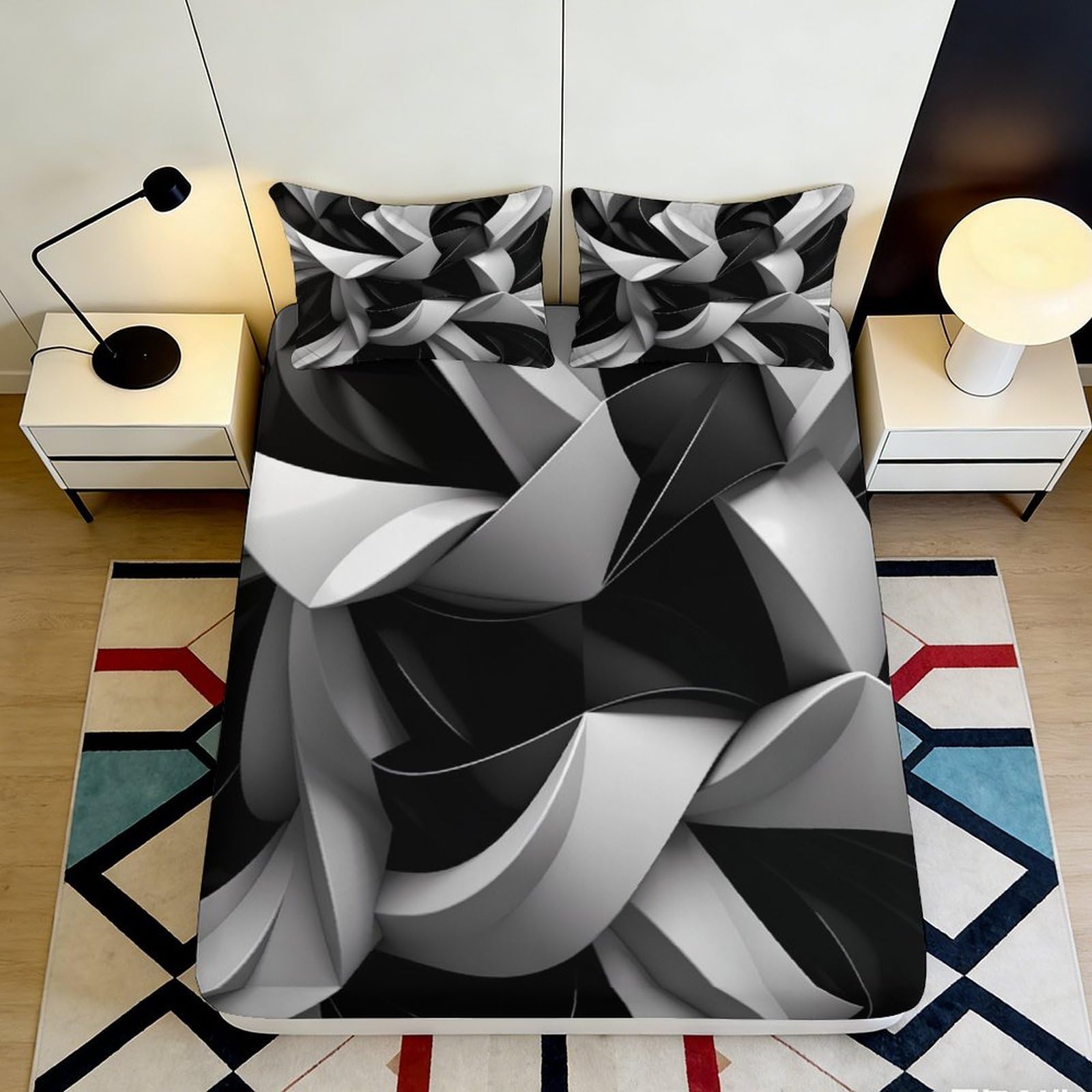 3D Printed Geometric Abstract Fitted Sheet Microfiber Soft Breathable Monochrome Mattress Cover for Bedroom Dorm Decor 90x200x25cm