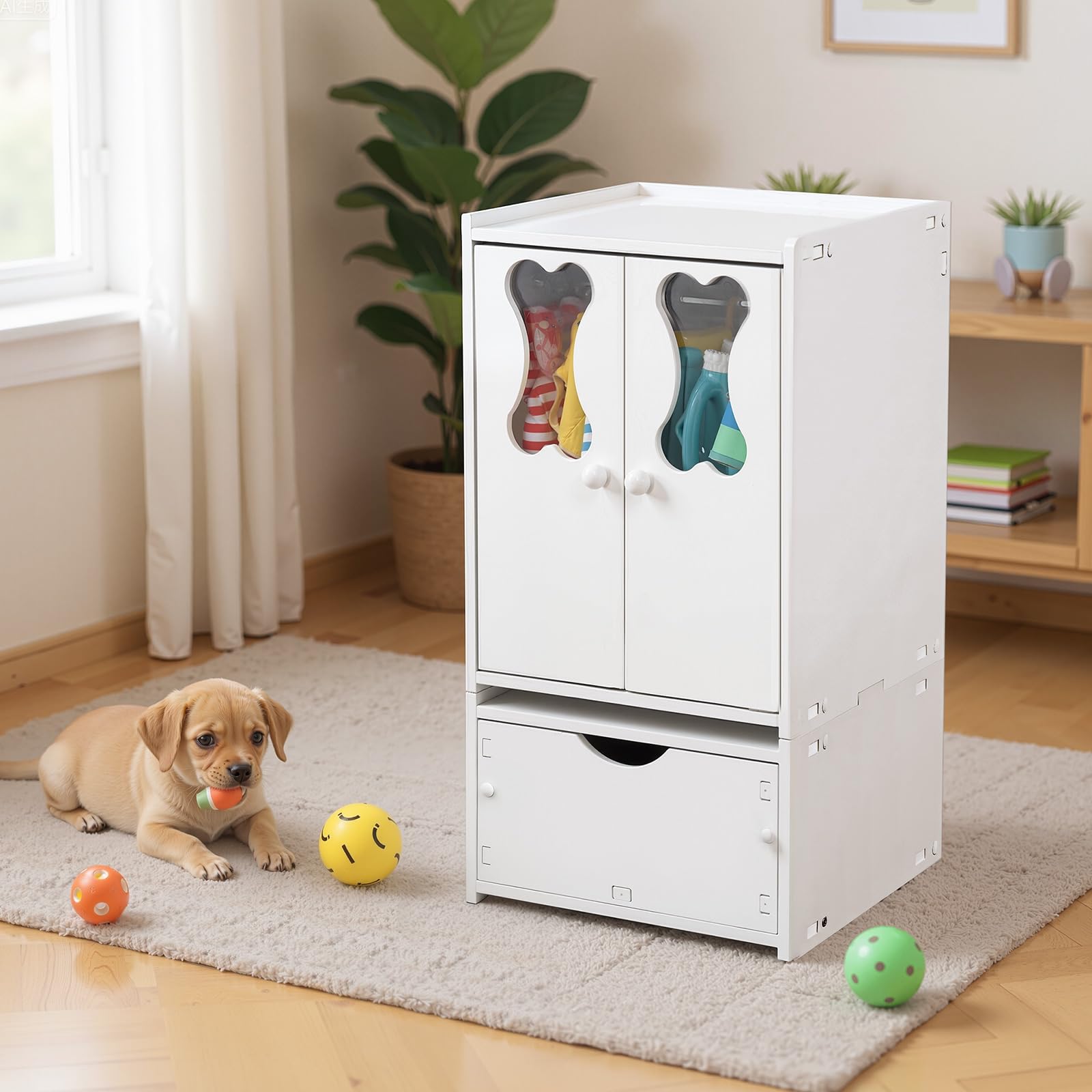 Teenyyou Haustier-Kleiderschrank, Hundespielzeug, Kleideraufbewahrung, Organizer mit Türen und Teleskop-Hängestange, kombinierbare Schubladen, Schrankregal für Hund, Katze, Spielzeug, Kleidung