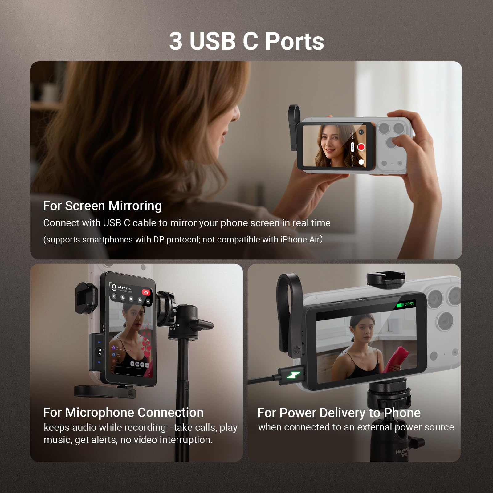 NEEWER 4" Écran de Surveillance pour Selfies et Vlogs, Moniteur pour Caméra Arrière de Smartphone avec Télécommande pour Streaming Vidéo Youtube et TikTok
