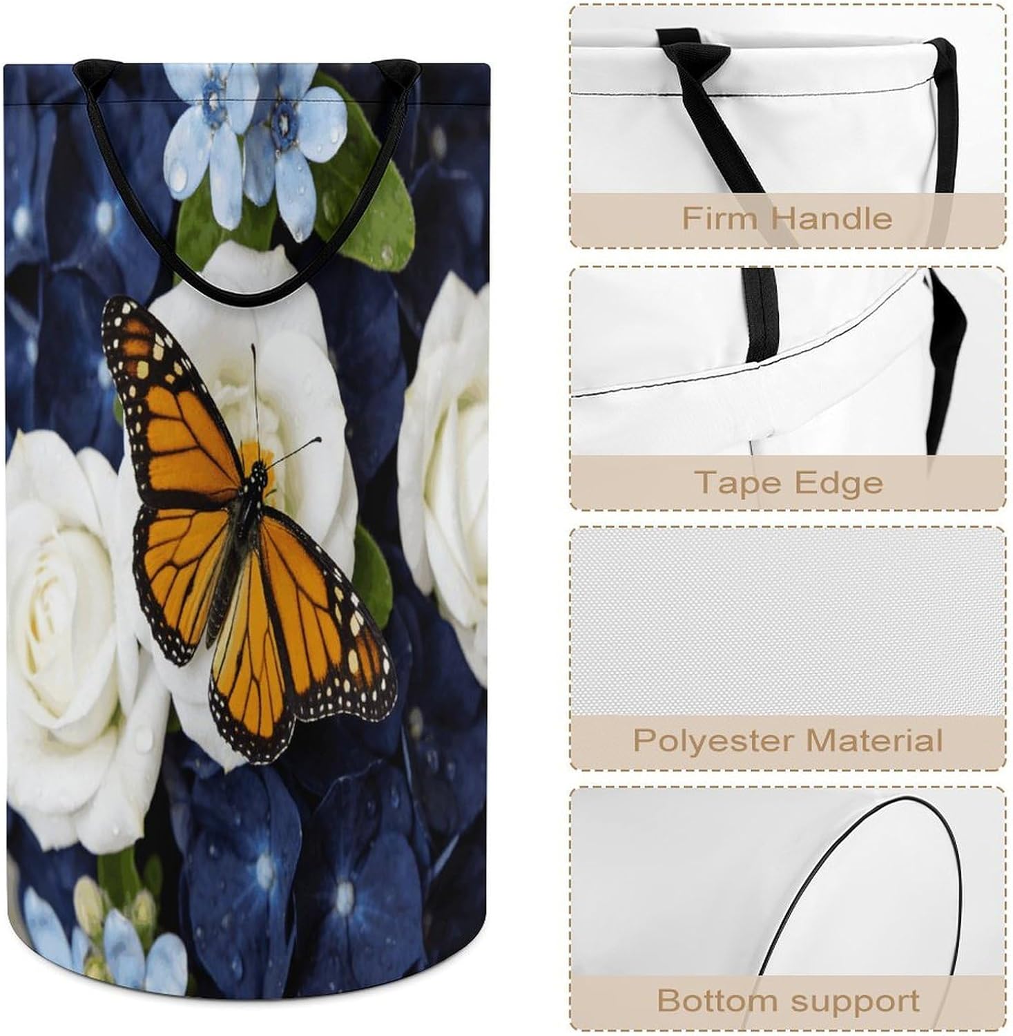 Navy Floral Flowers Laundry Hamper Portable Lightweight Clothes Hampers Fashion Dirty Laundry Storage Basket Large Capacity Foldable Clothes Baskets for Bathroom Bedroom
