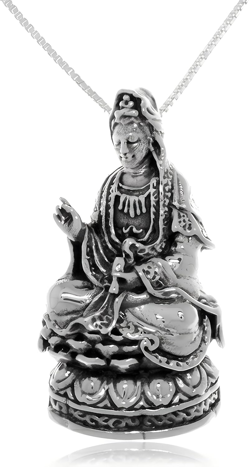 Jewelry Trends Sterling Silver Kwan Yin Buddha Goddess Lotus Flower Pendant Necklace 18"