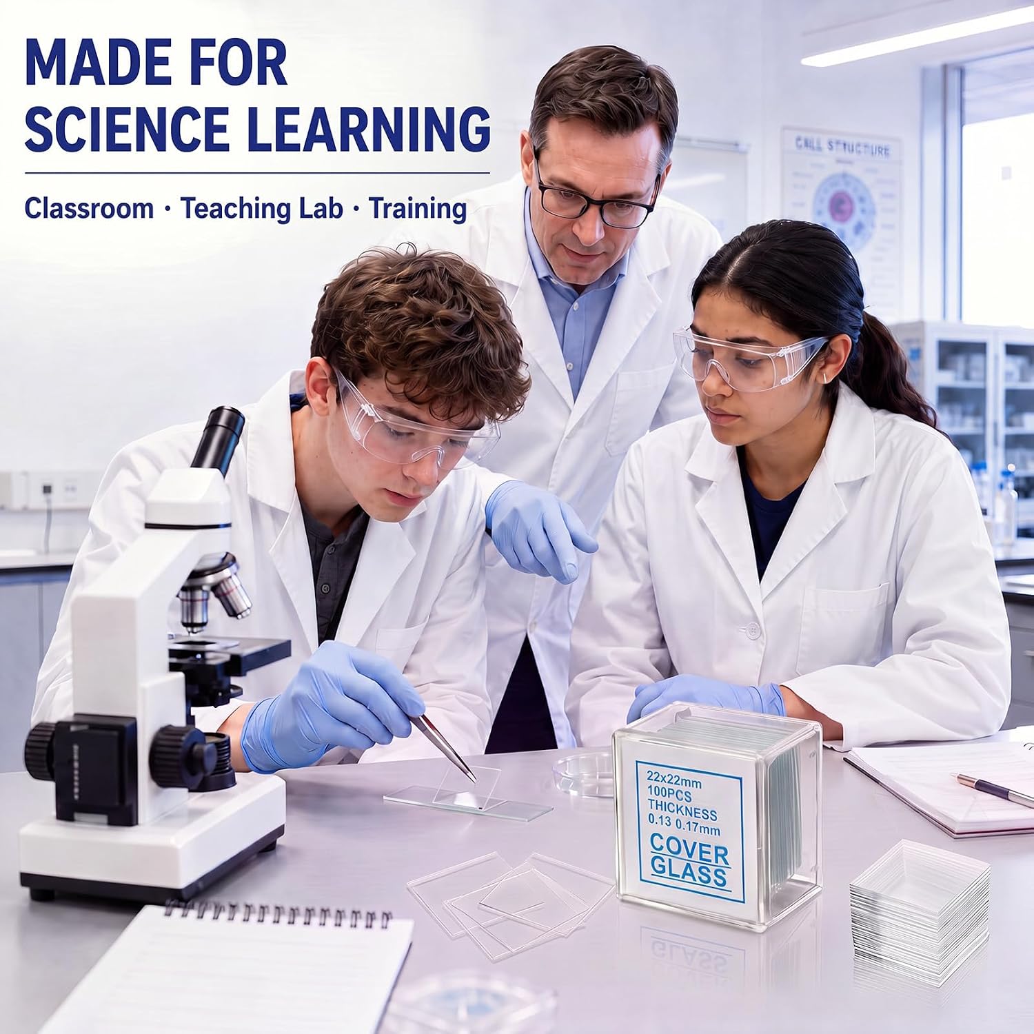 1000 Pcs Microscope Cover Slips Square 22 x 22mm, 0.13-0.17mm Thick | Transparent, Clear, Glass Cover Glass Slips, for Lab Biology Education Science Laboratory, 10 Boxes of 100 Pcs Each