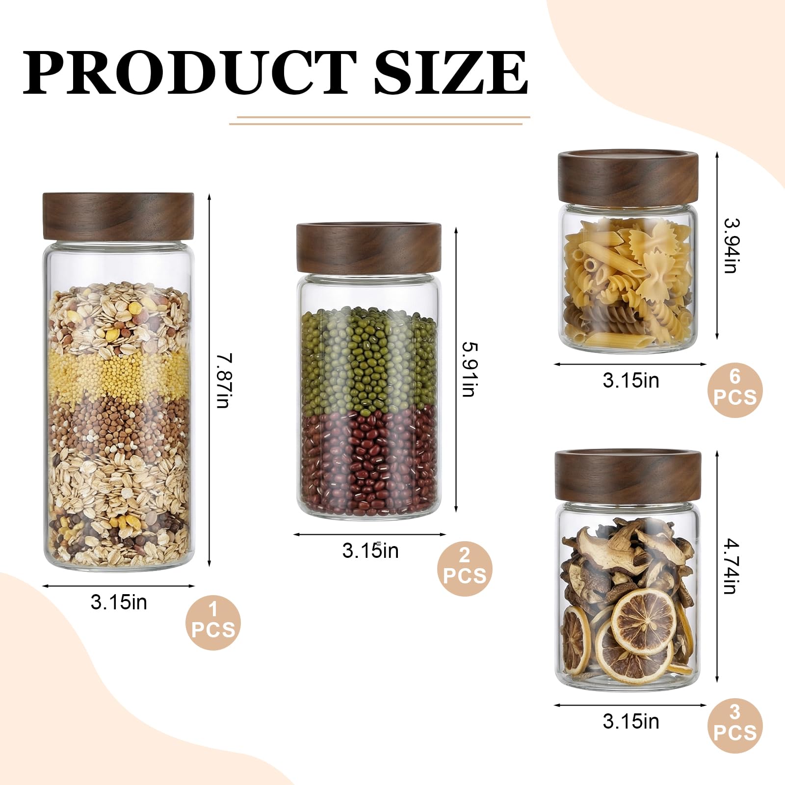 Rtteri 12 Stück klare Glas-Kaffeedosen mit luftdichtem Holzschraubdeckel, 4 Kapazitäten, Lebensmittelbehälter, niedlicher dekorativer Glasbehälter für Süßigkeiten, Kekse, Zucker, Haferflocken, Salz