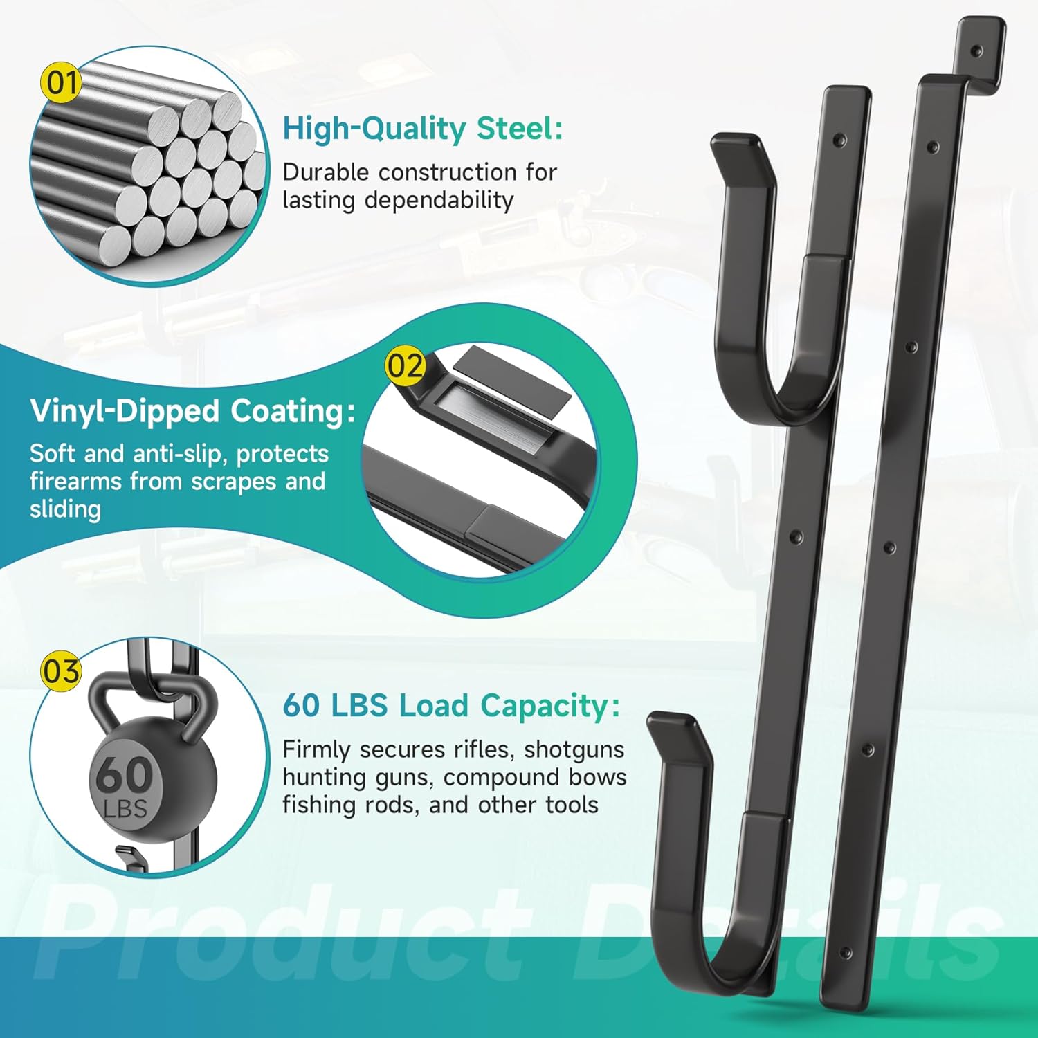 Rear Window Gun Rack for Pickup Truck - Heavy Duty Steel, 14-25” Adjustable Truck Gun Rack with Dipped Coating, Truck Rifle Mount Fits Rifles, Shotguns, Bows for Trucks & Indoor Storage