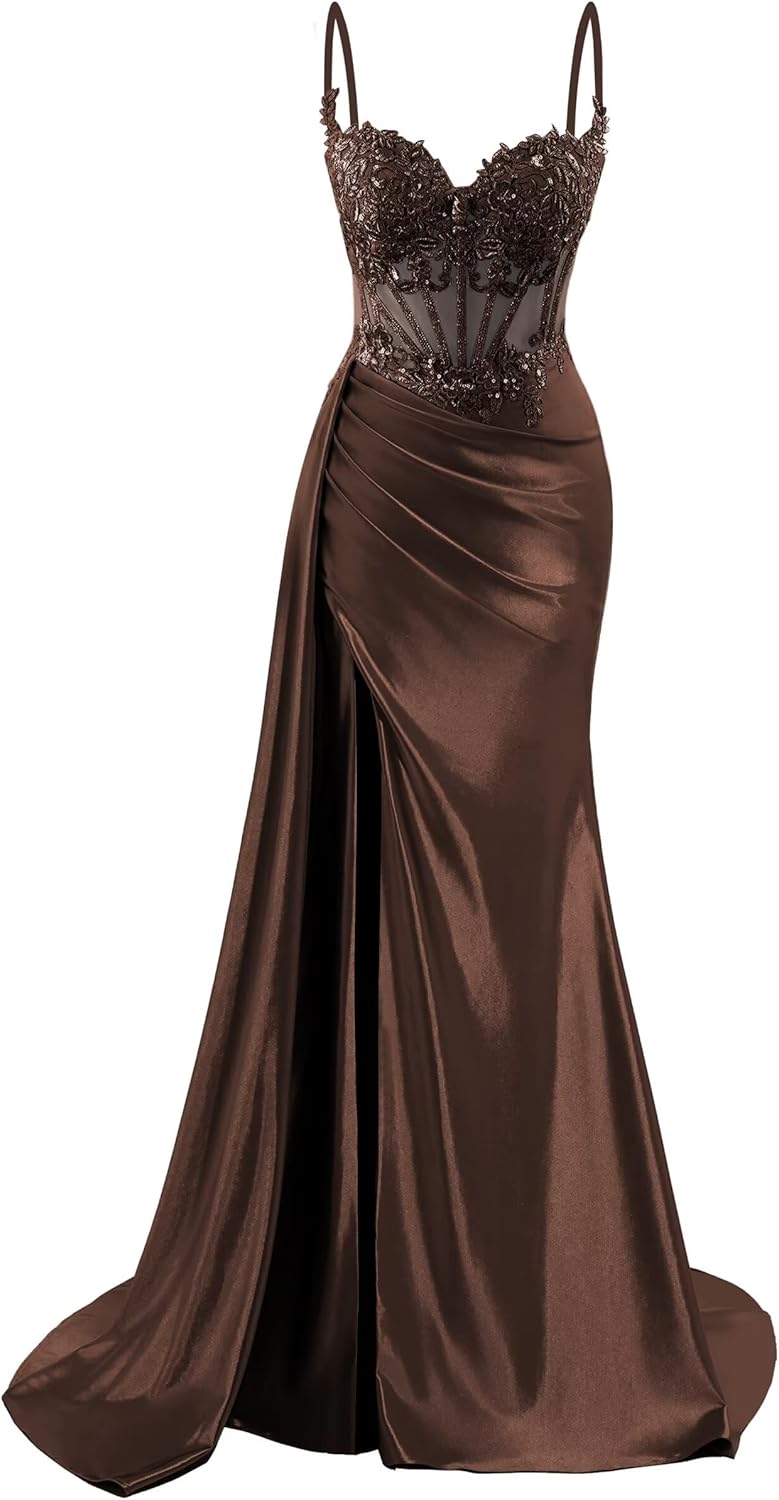 Spaghetti Straps Satin Prom Dresses Long Lace Appliques Formal Party Dress VS126