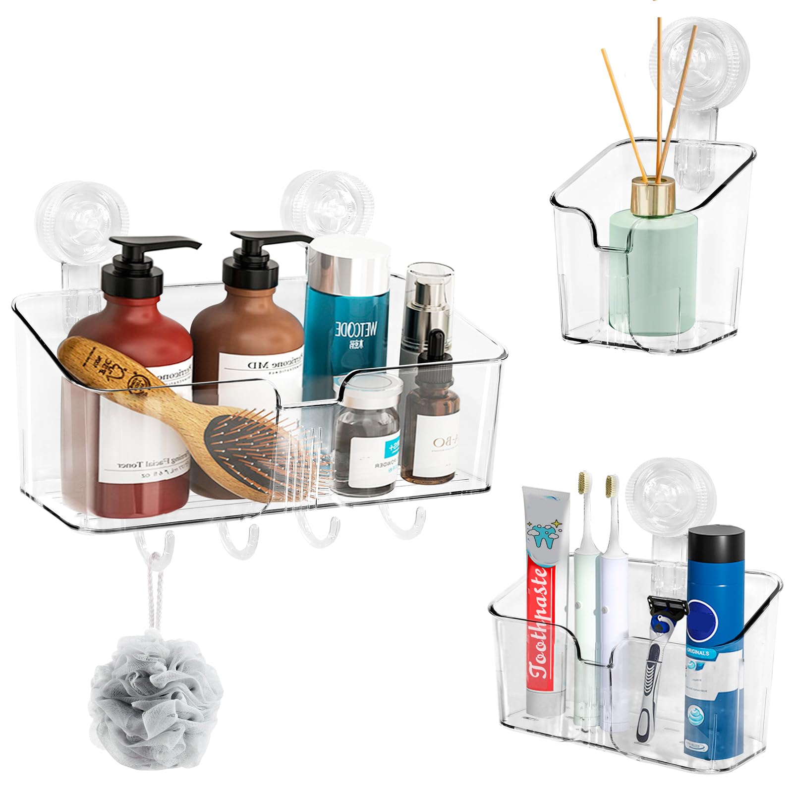 HYBRIDEAS Clear Shower Caddy Suction Cup Shelf Organizer with Hooks Removable Shower Basket Light Luxury Style Punch-Free Dorm