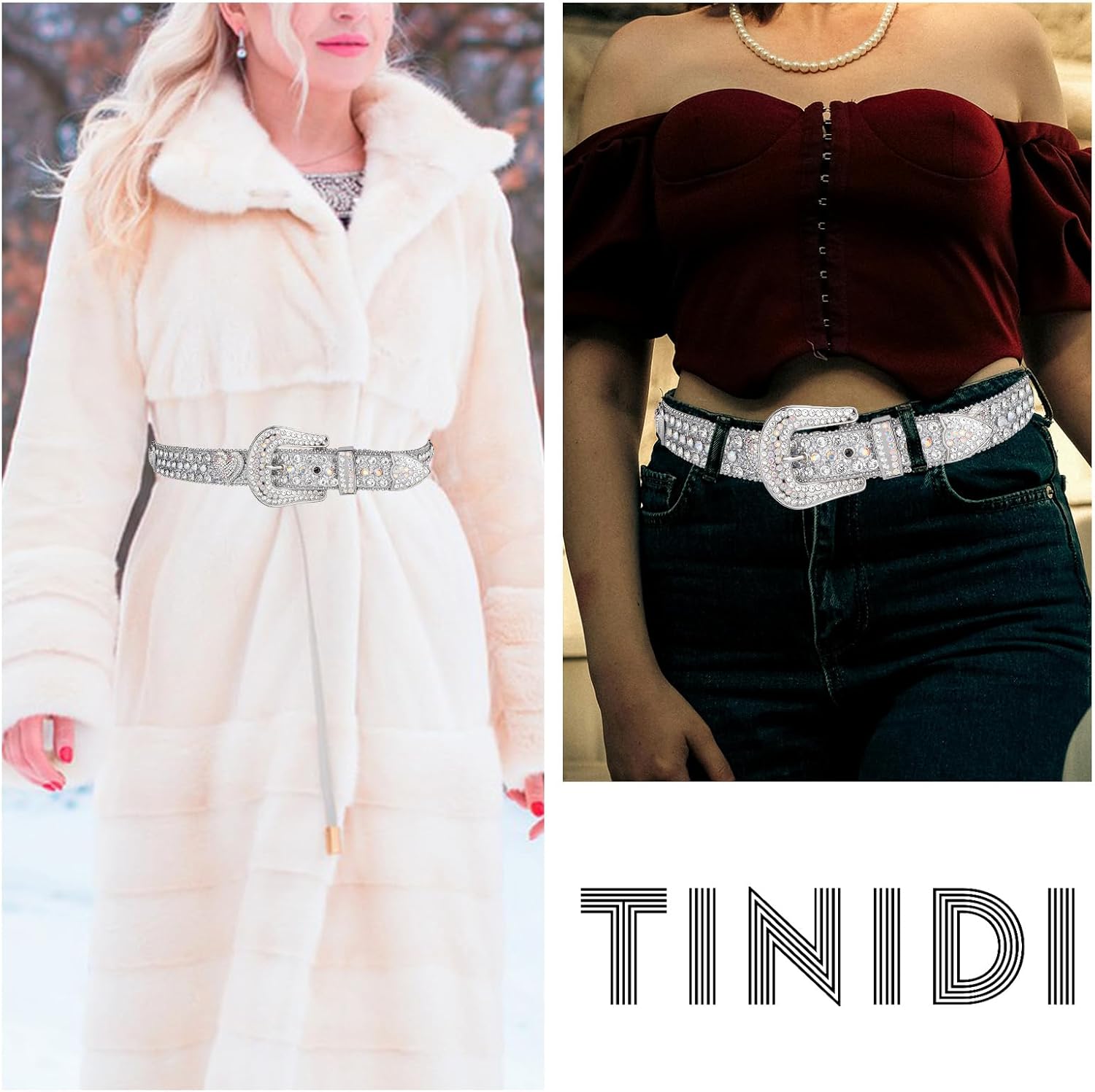 TINIDI Rhinestone Belt for Men Women Western Bling Heart Crystal Diamond Studded Leather Belts for Jean Pants - Image 6