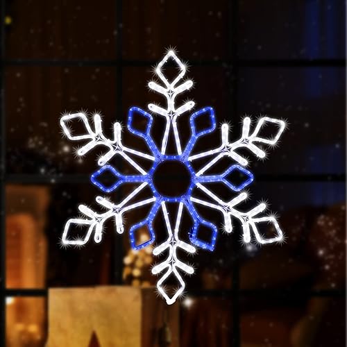 JUSTPRO Grande de 35 x 30 pulgadas 402 LED parpadeantes superbrillantes con diseño de copo de nieve neón LED blanco y azul, decoración de Navidad al