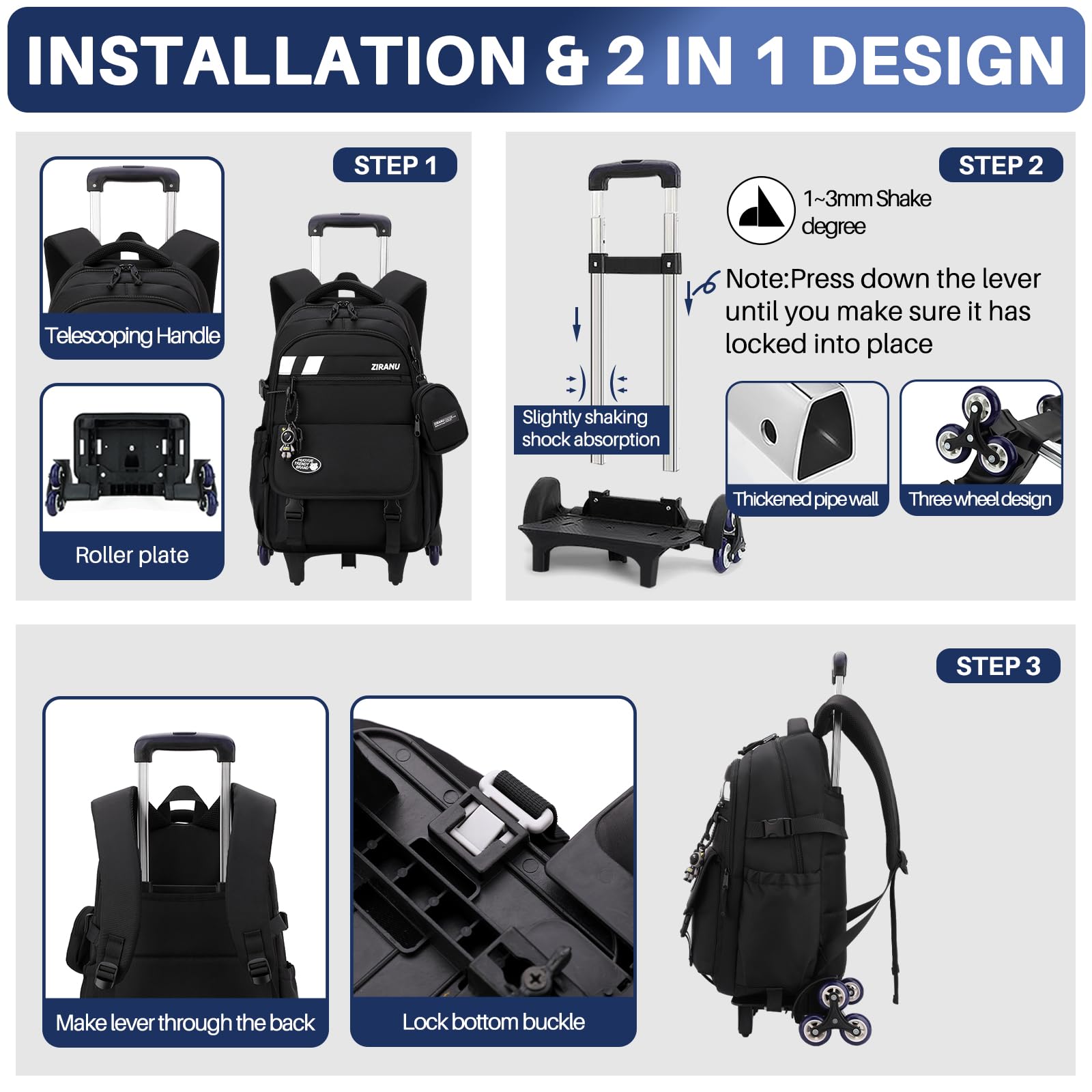 3pcs Sac à Dos a Roulette Primaire Cartable Scolaire Enfant Fille Sac Roulette Trolley Bagage Cabine Cartable a Roulette Fille Garcon Cartable Garcon Primaire