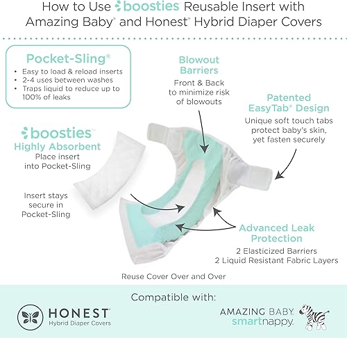 Miniatura 4 de Honest Hybrid - Funda para pañales de tela + inserciones reutilizables Super Boosties, grande (22-40 libras), fundas de muselina de algodón Honest