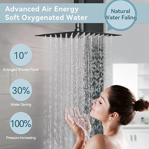 Miniatura 6 de Juego de grifo de ducha negro mate, grifo de ducha desviador de cinco funciones con 2 en 1 de mano, montaje de techo de 10 pulgadas y cabezal de