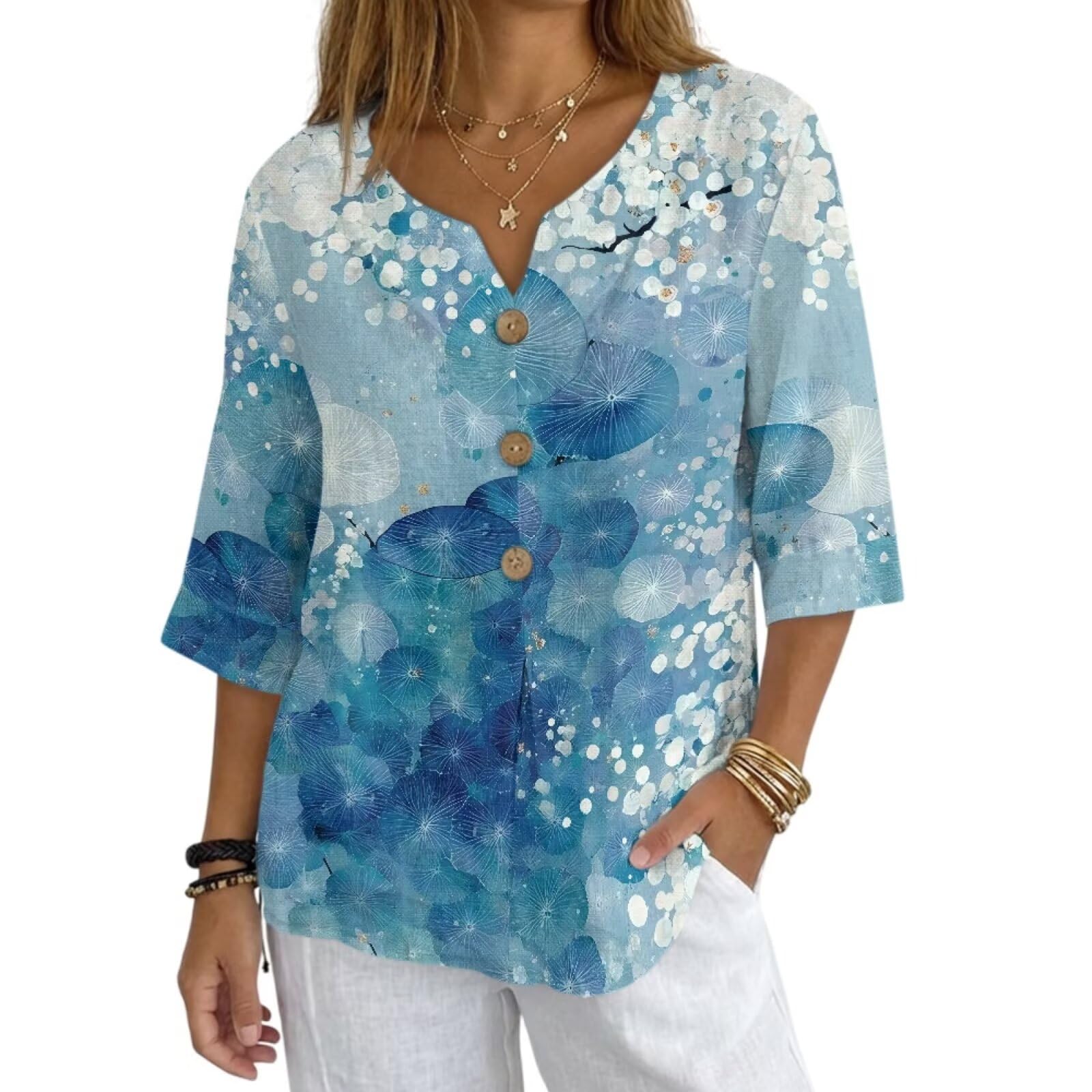 Women's V-Neck Tunic Top, Casual Polyester Linen Blouse with Decorative Buttons, Loose Fit Easy Care Everyday Wear