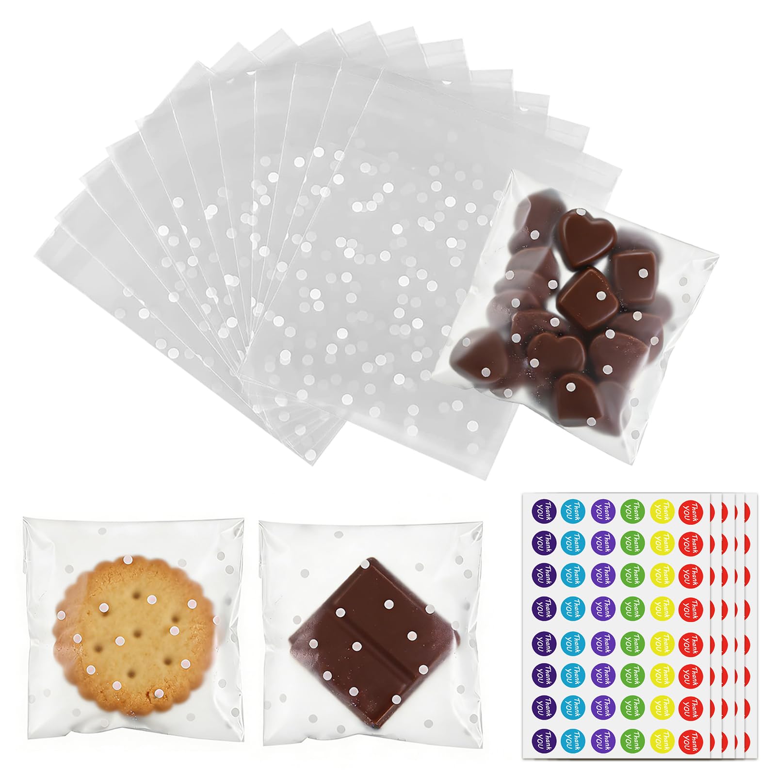 Realjoy 200Pcs Cellophane Bags, 10×10cm Clear Biscuit Bags with White Dot, Self Seal Sweet Bag with 240 Stickers, Small Plastic Treat Bag OPP for Cookie, Candy, Sweet, Chocolates