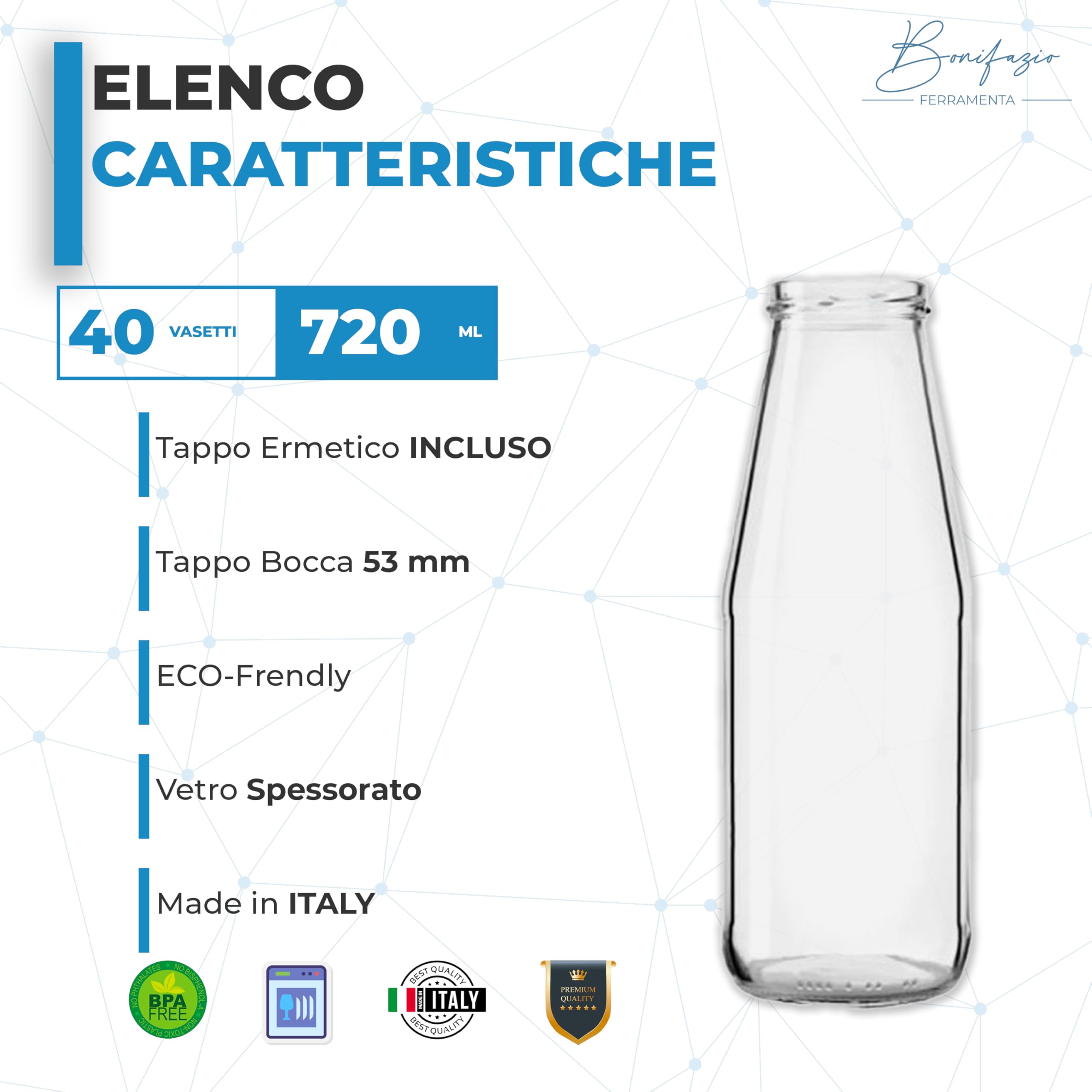 Set 40 Bottiglie in Vetro per Salsa Con Tappo Ermetico Capienza 720 ml Perfetto per Conserve Olio Passata Lunga Conservazione (Set 40 bottiglie trasparenti)