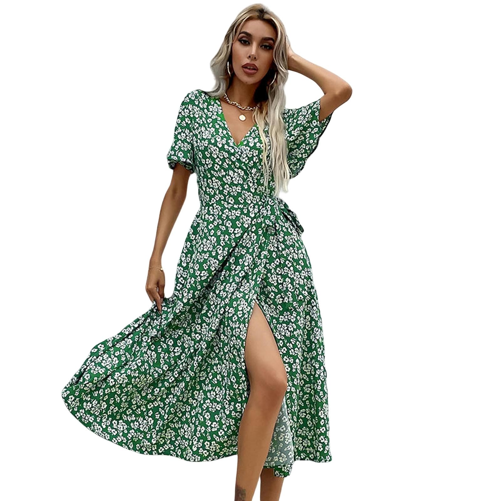 Vestido de verano casual con estampado floral para mujer, manga con volantes, cuello en V, manga corta, falda acampanada YYEFNMAZ