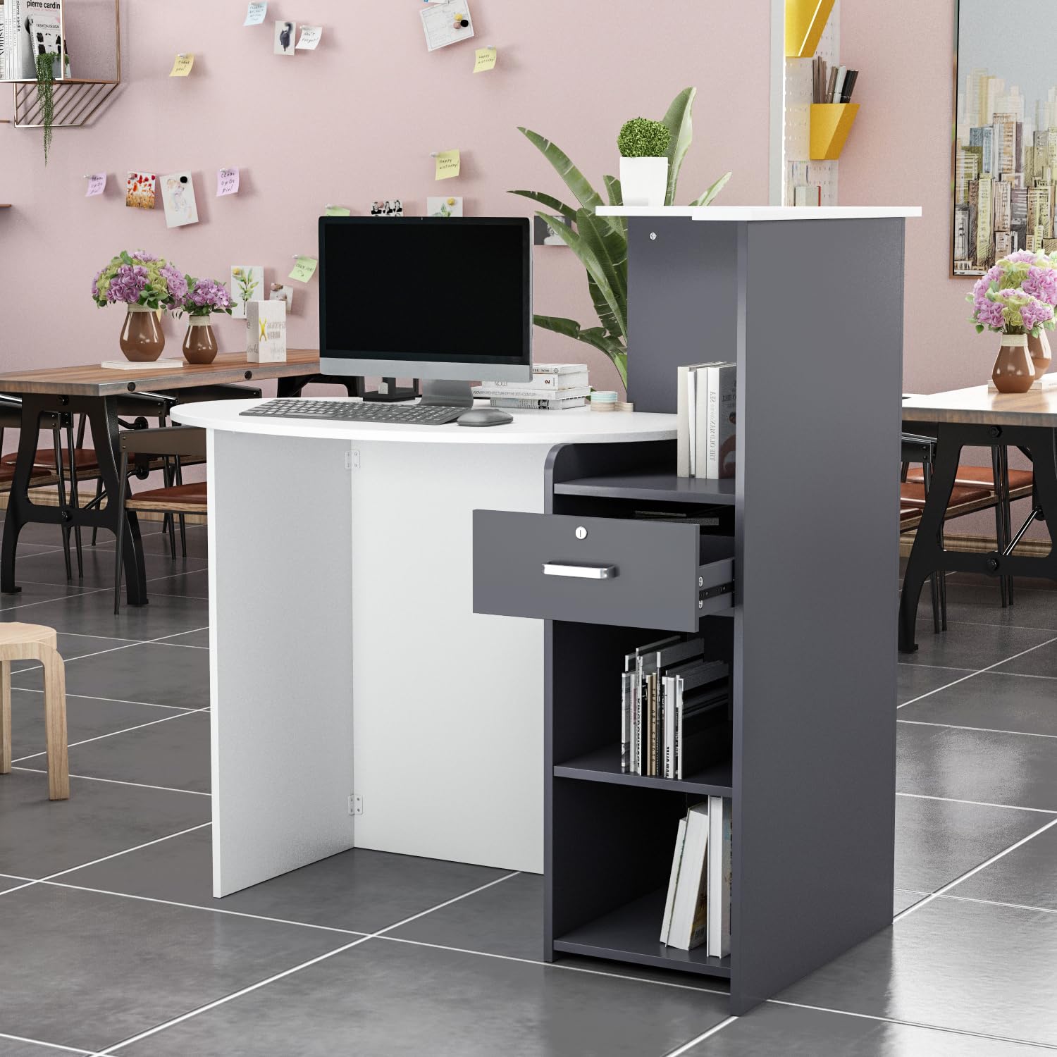 Comptoir Réception, Comptoir de Réception Secrétariat, Blanc et Noir, MDF, 40 x 121 x 110cm