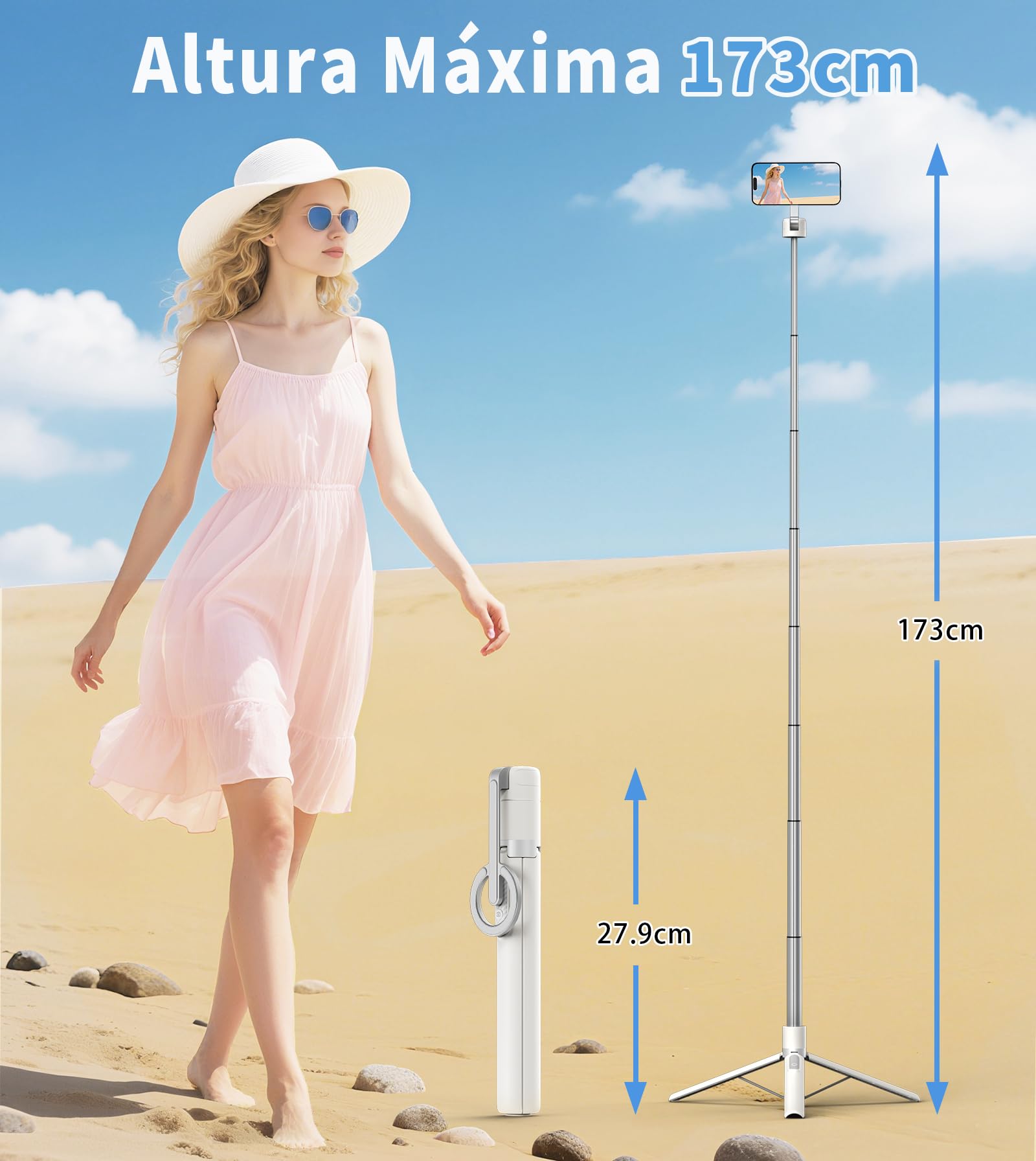 TONEOF 173cm Trípode Magnético para Movil Palo Selfie, Soporte Magnético de Aluminio-Teléfono Giratorio de 360°, Trípode Viaje Retráctil con Anillo Metálico&Control,Kits de Vídeo para Teléfonos