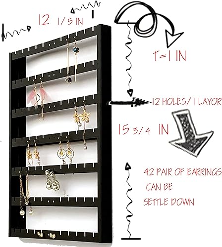 Miniatura 2 de Organizador de aretes de 7 capas, almacenamiento de aretes de oreja montado en la pared, organizador de aretes de metal negro de gran capacidad para