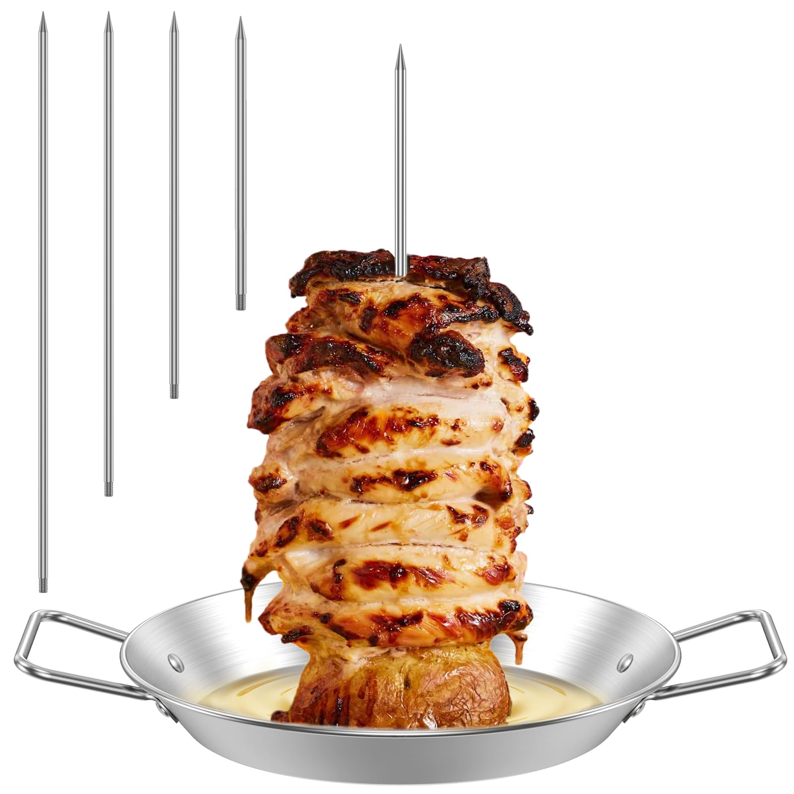BBQ Vertical Skewer, Stainless Steel Barbecue Spit Grill Rack Stand with 3 Removable Spikes and Handle for Whole Chicken, Fish, Sausage, Steak (1Round Base+5Poles)