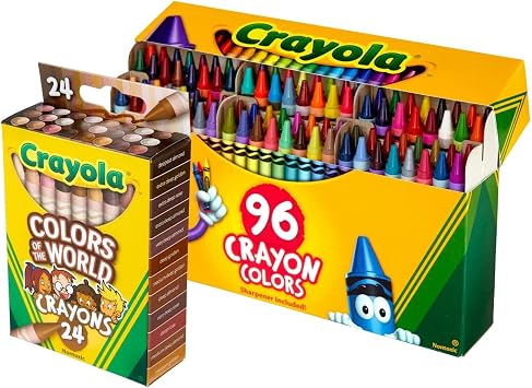 Crayola Crayons, Set of 2, "Color of the World, Worlds Friends, 24 Colors" + "Sharpener Included, 96 Colors" Authentic