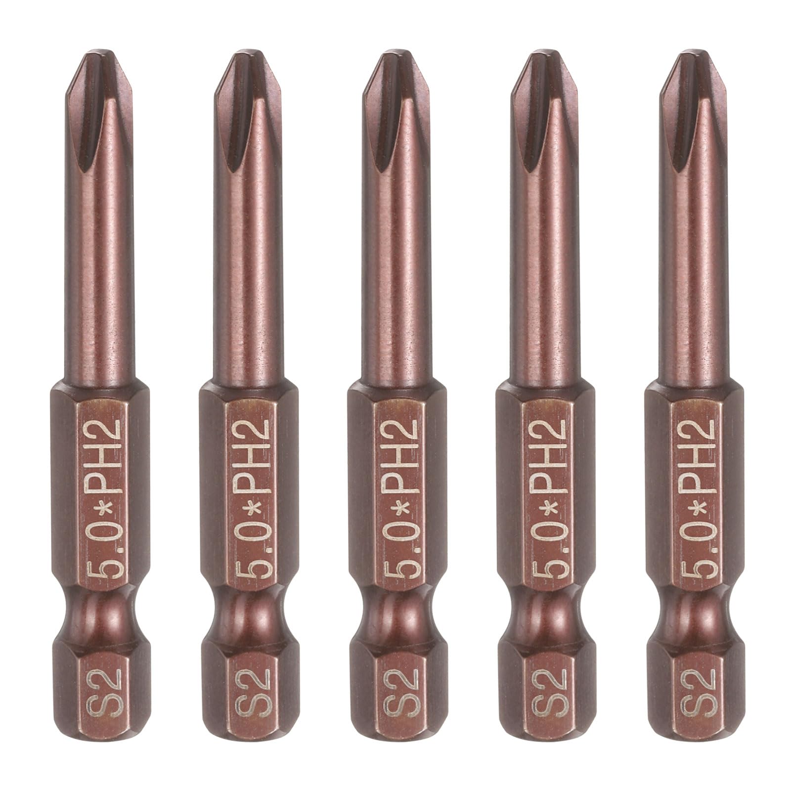 sourcing map 5pcs #2 Phillips Screwdriver Bit PH2 1/4" Hex Shank 2" (50mm) Long 5mm Rod Magnetic Cross Head Drive Drill Bits S2 Steel Industrial Screw Driver Electric Power Tool, Brown