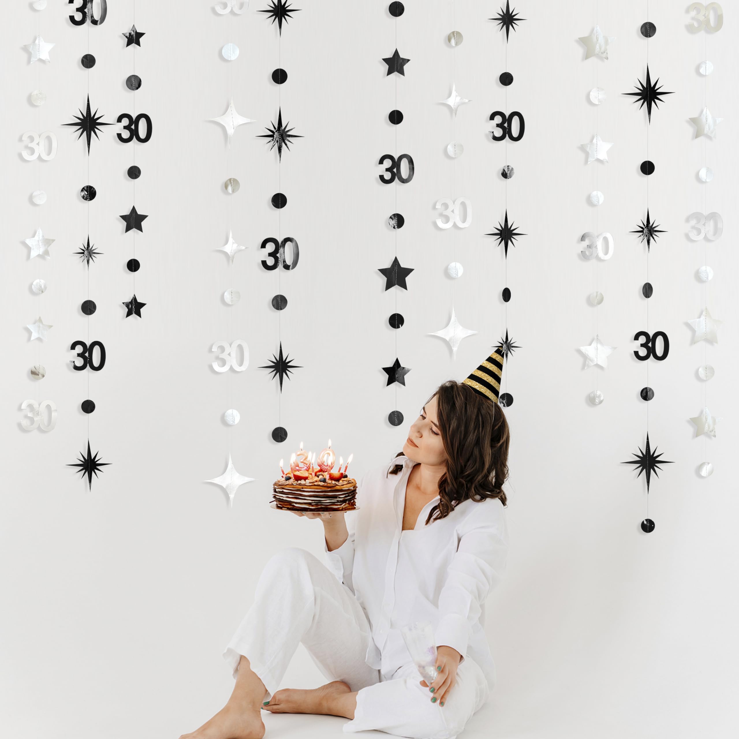 Silber-schwarze Dekoration zum 30. Geburtstag, Zahl 30, Kreis, Punkte, funkelnde Sterne, Girlande, metallische Luftschlangen, Wimpelkette, Banner Hintergrund für Herren und Damen, Happy Dirty 30 Jahre