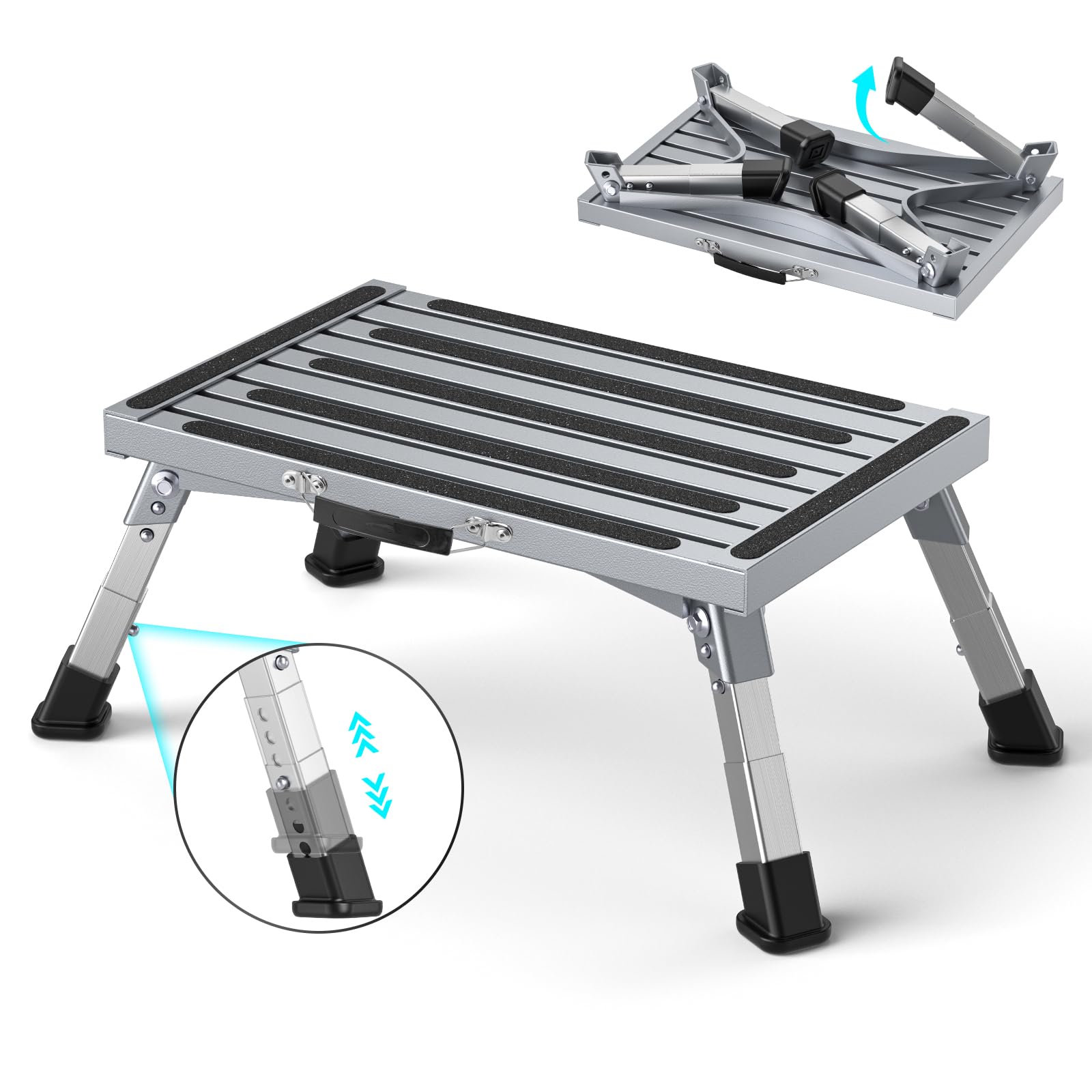 Klapptritt Trittstufe mit Griff, 4-stufige Höhenverstellbarer Tritthocker, 350kg Belastung und Anti-Rutsch, für Wohnmobile, Garten, Camping