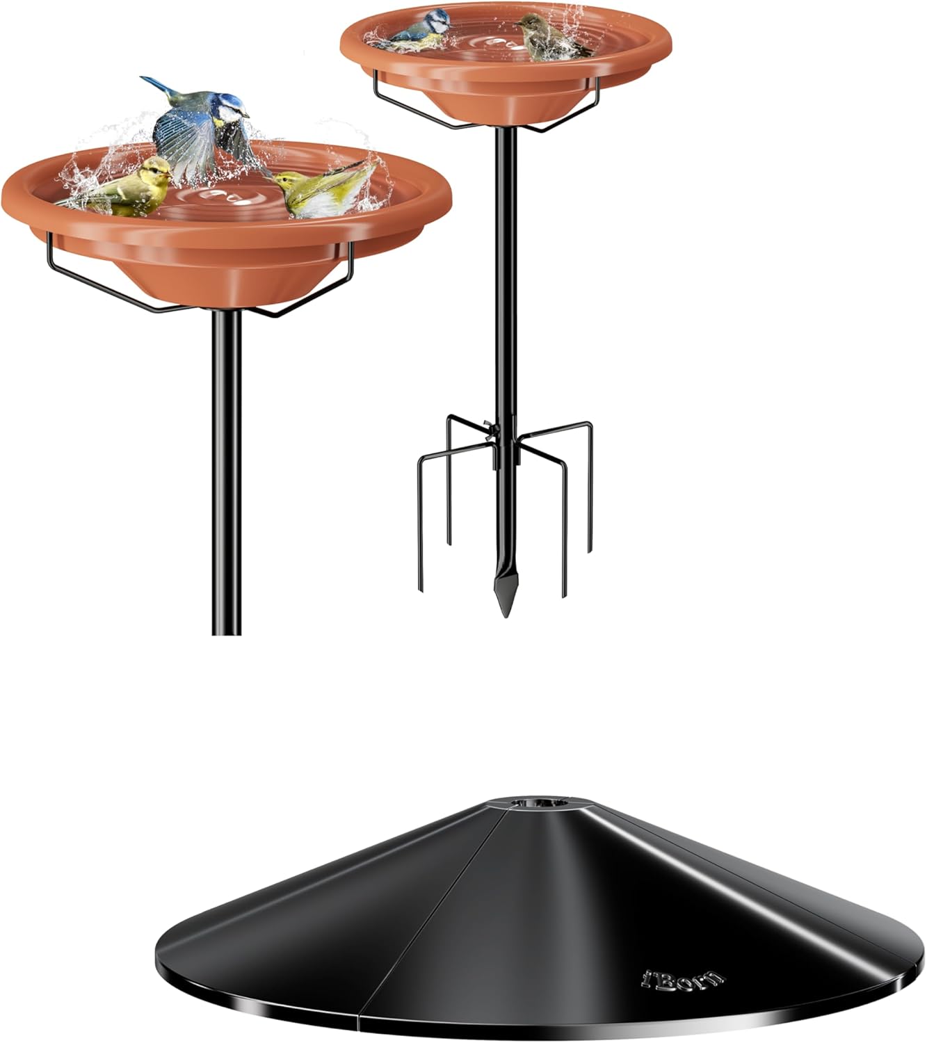 iBorn Squirrel Baffle for Bird Feeder Pole,19.5”,Chew-Proof PC, Pack of 1, Black + 36in Metal Freestanding Bird Baths with 3 Adjustable Height Pole,5-Prongs Base,Pack of 1