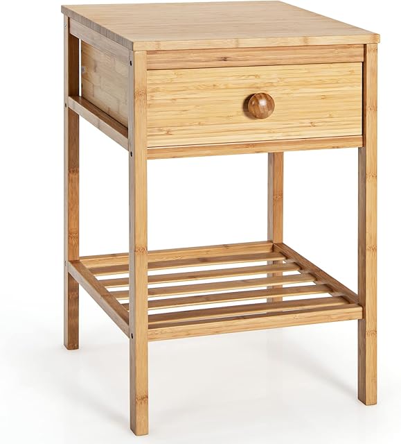 COSTWAY Bedside Table, Bamboo Nightstand Sofa Side End Table with Drawer and Open Storage Shelf, Accent Bedside Cabinet Coffee Tea Table for Home Bedroom Living Room, Natural (1)