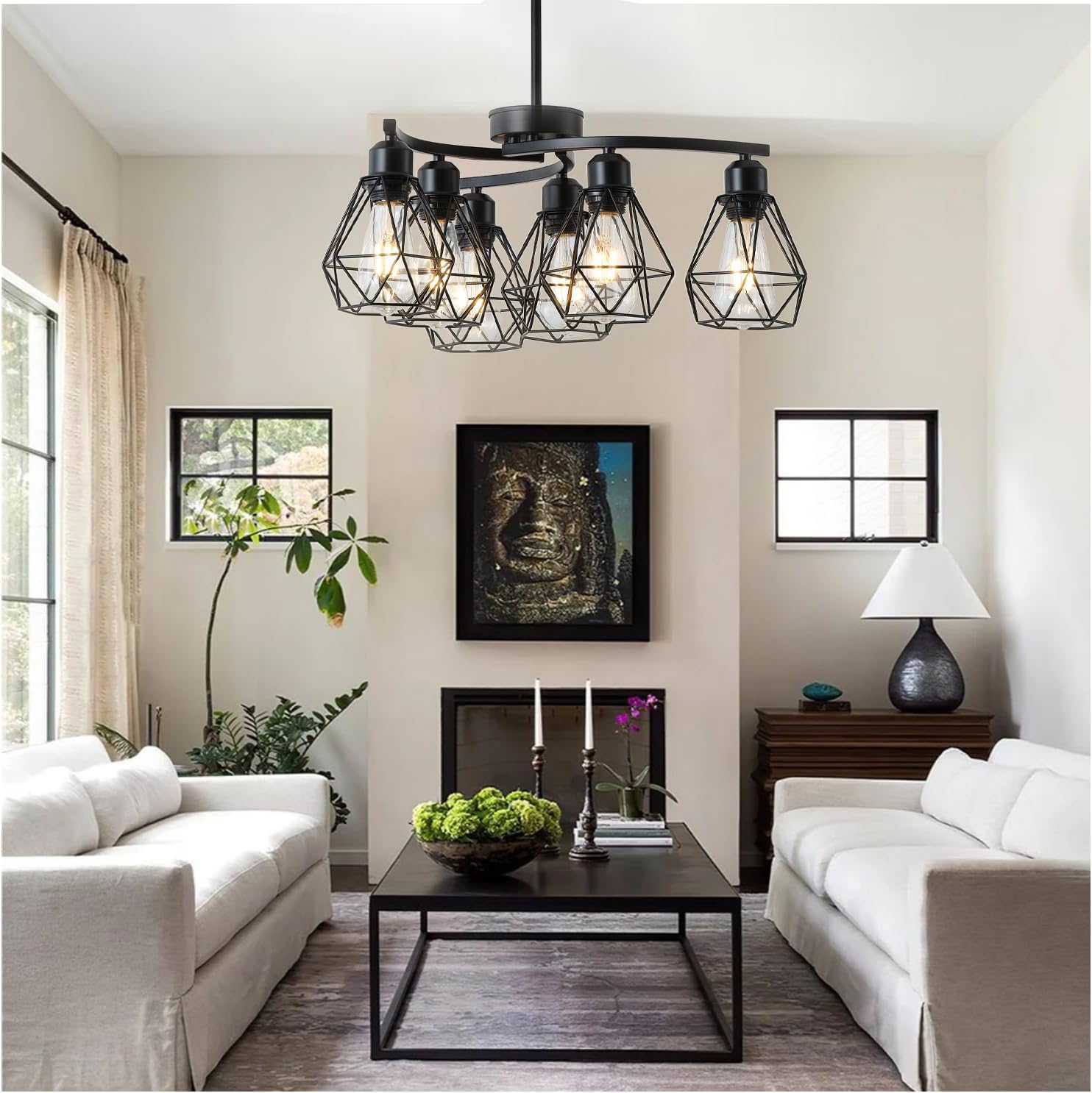 6-Light Black Chandelier,Farmhouse Chandelier for Dining Room Light Fixtures Over Table,21.7" Industrial Hanging Pendant Lighting with Metal Cage Shade for Kitchen Island Entryway Foyer Bedroom