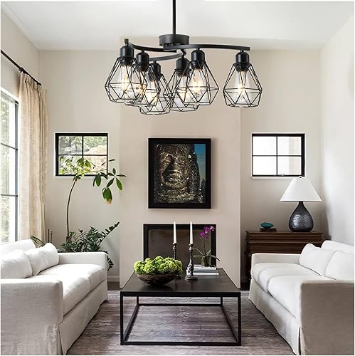 Miniatura 4 de Candelabro negro de 6 luces, lámpara de granja para comedor sobre mesa, iluminación colgante industrial de 21.7 pulgadas con pantalla de jaula de