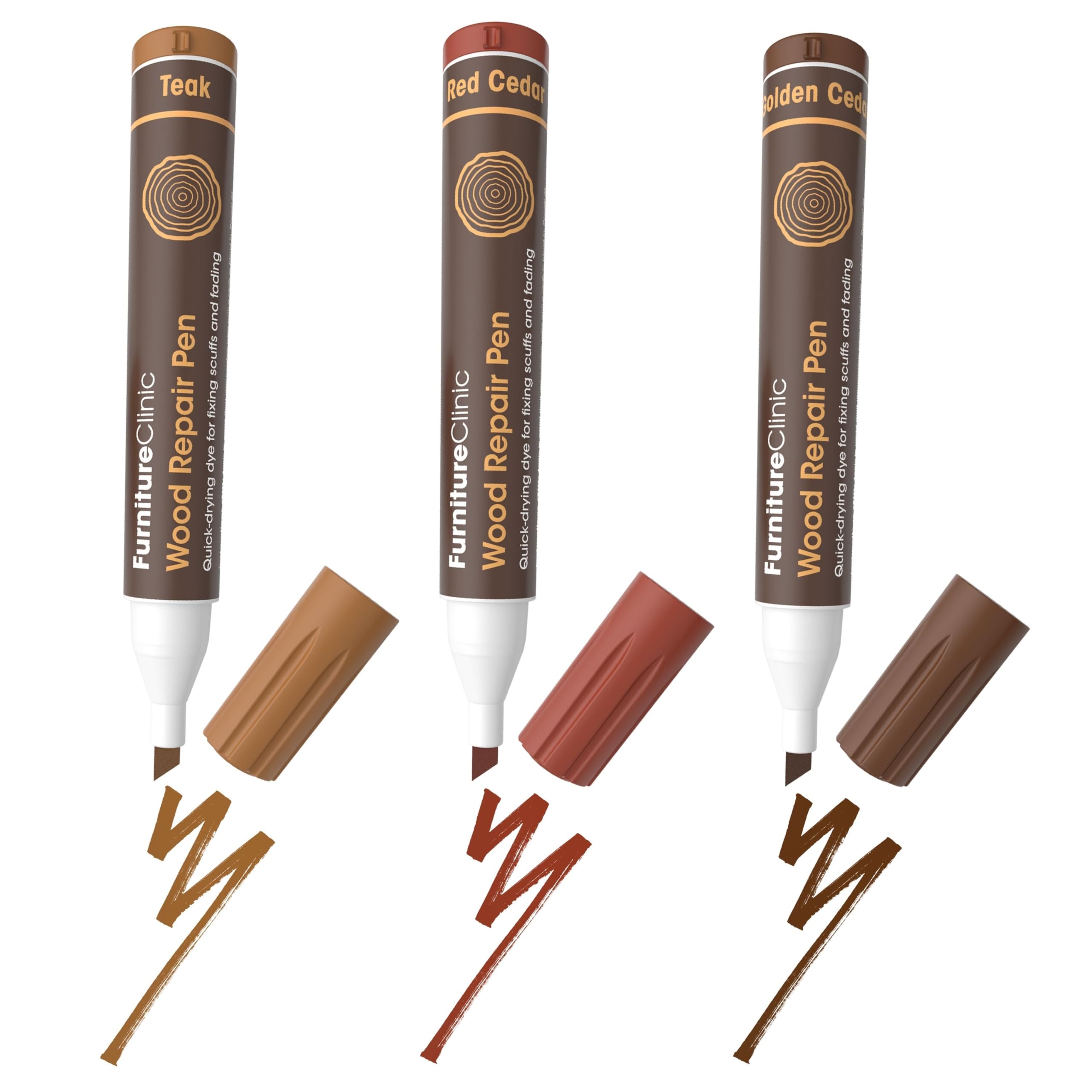 Furniture Clinic Pack of 3 Wood Repair Pens - Scratch Repair - Quick Drying - Furniture Touch-Up Marker - for All Types of Wood (Teak, Red Cedar & Golden Cedar)
