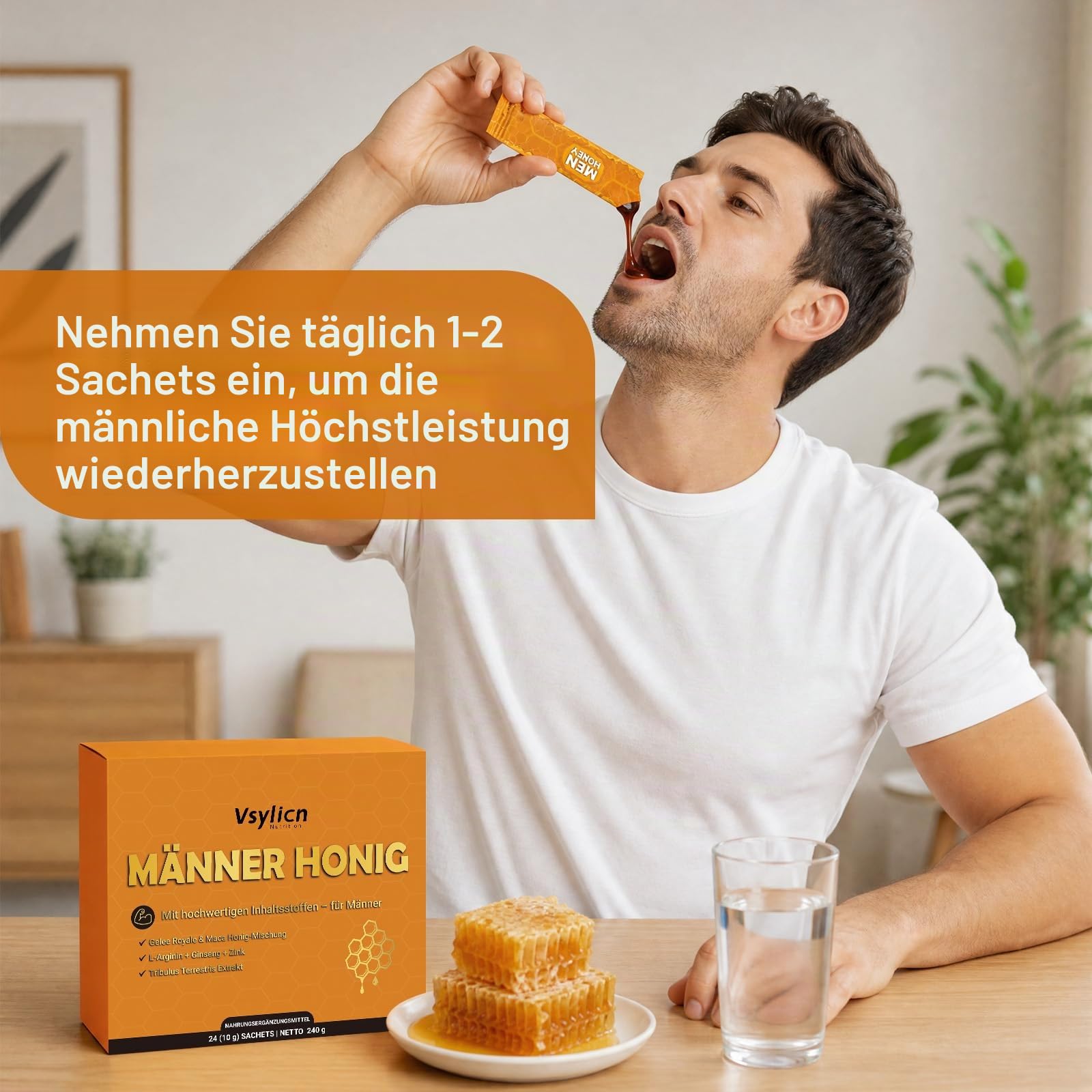 Premium Männer Honig Nahrungsergänzungsmittel, Natürliche Inhaltsstoffe mit Gelee Royale, Maca, L-Arginin, Ginseng & Zink, 24 Sachets à 10 g